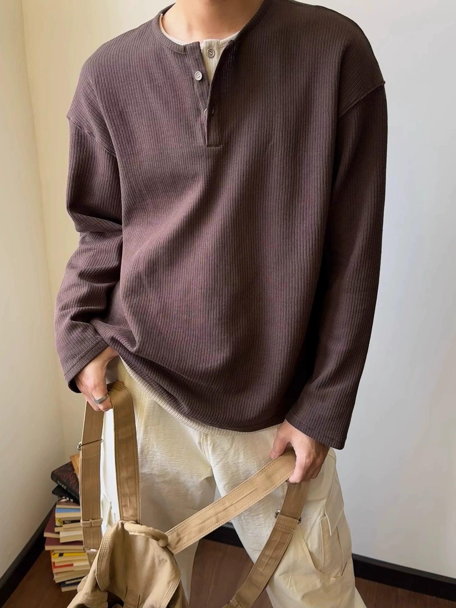 Ribbed Button Up Henley Shirt