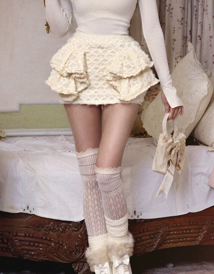 Ivory Ruffle Knit Mini Skirt