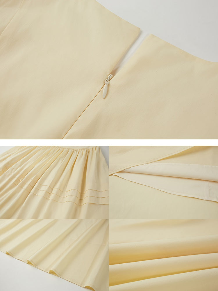 Round Neck Puff Sleeve Long Gather One-Piece - chiclara