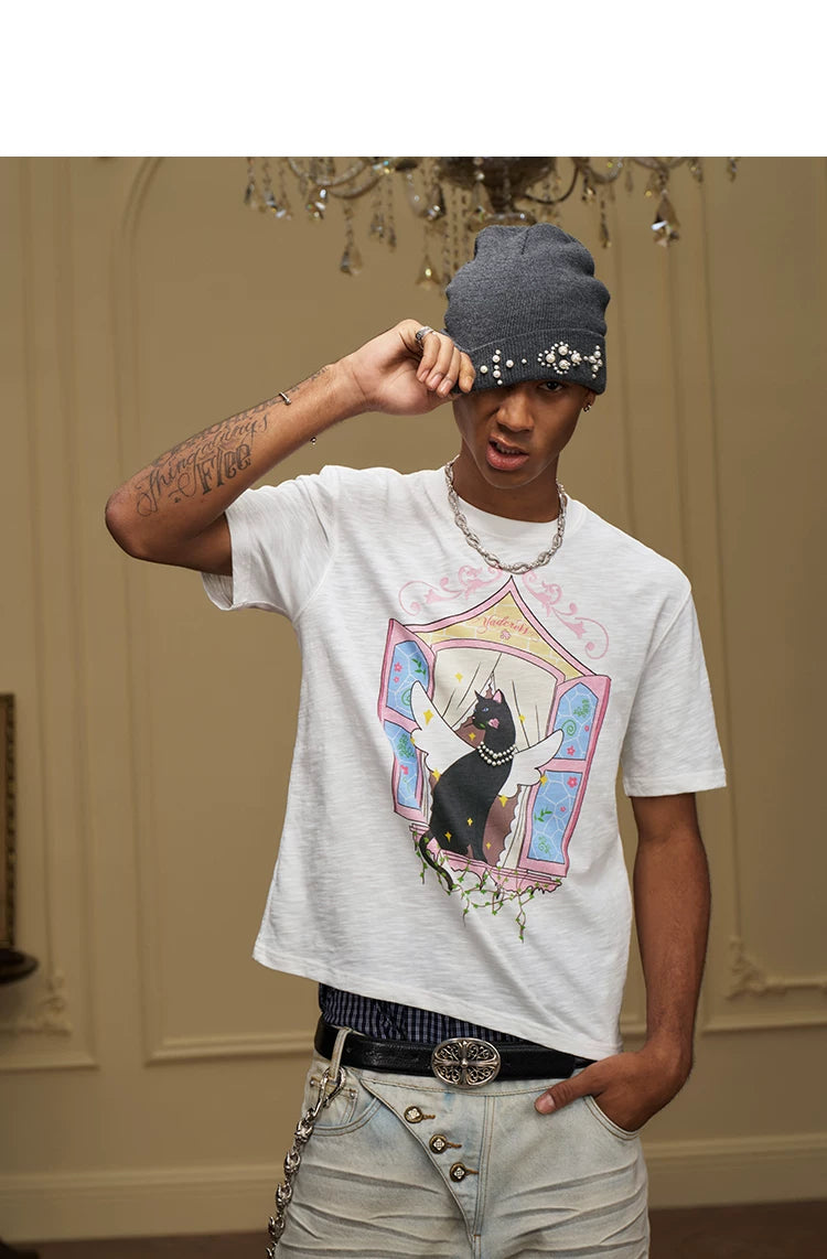 Winged Cat Window Graphic T Shirt