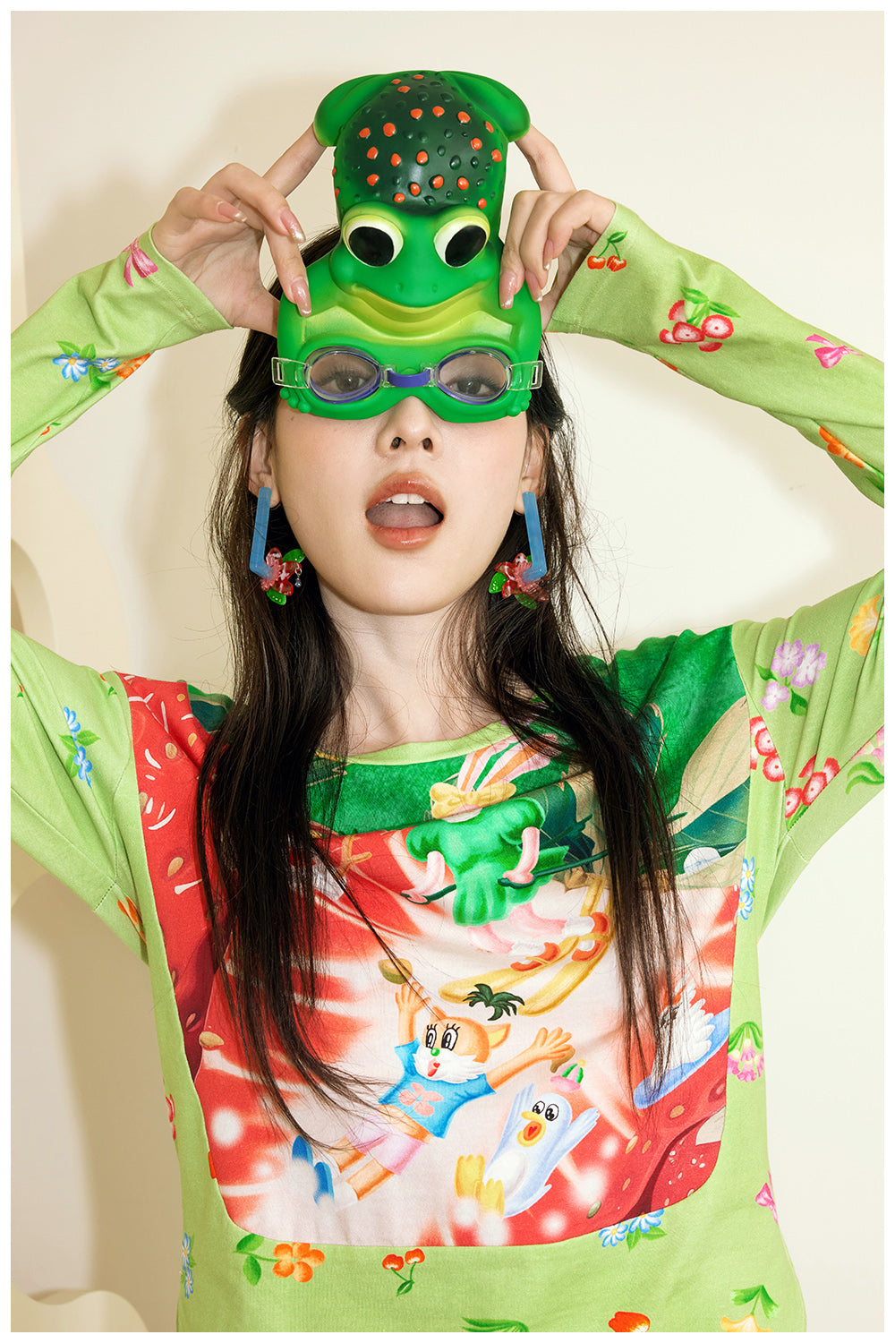 Green Strawberry Print Long Sleeve Top