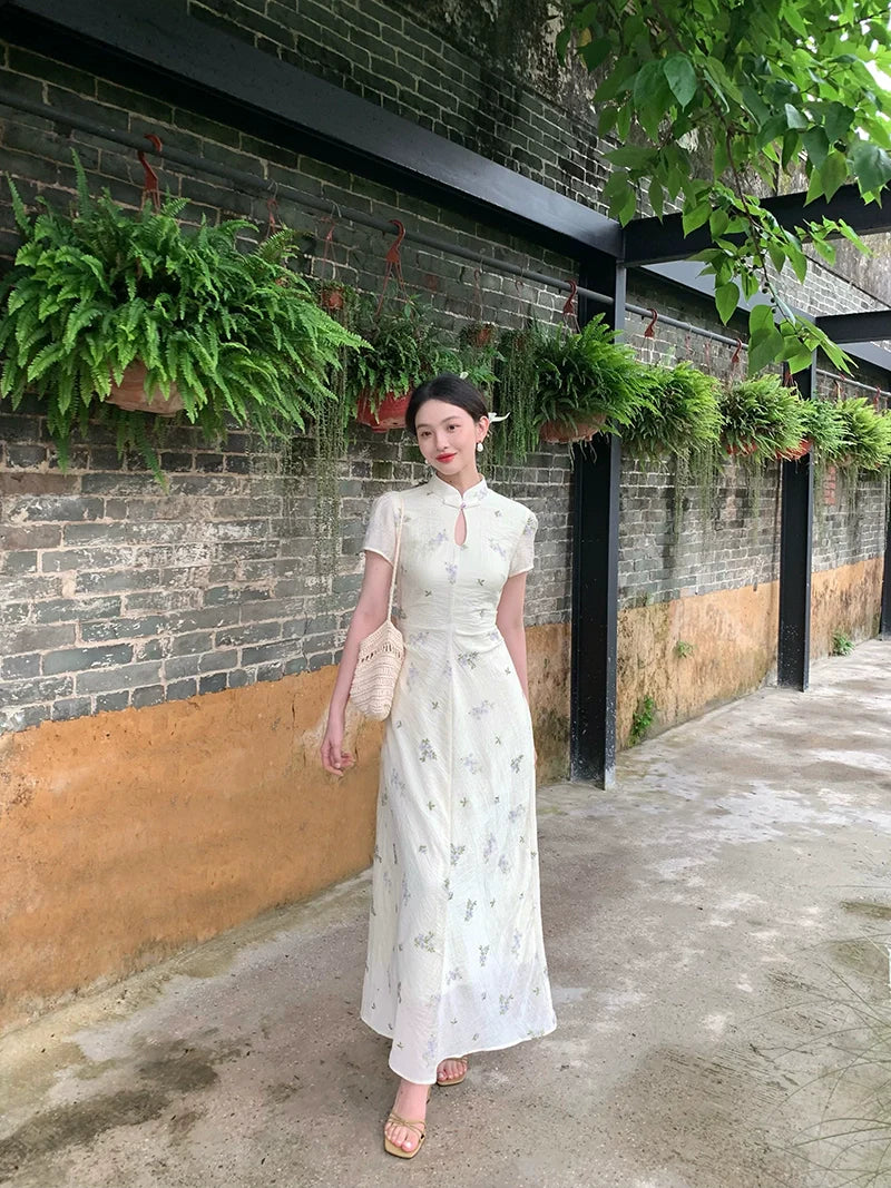 White Floral Chinese Collar Maxi Dress
