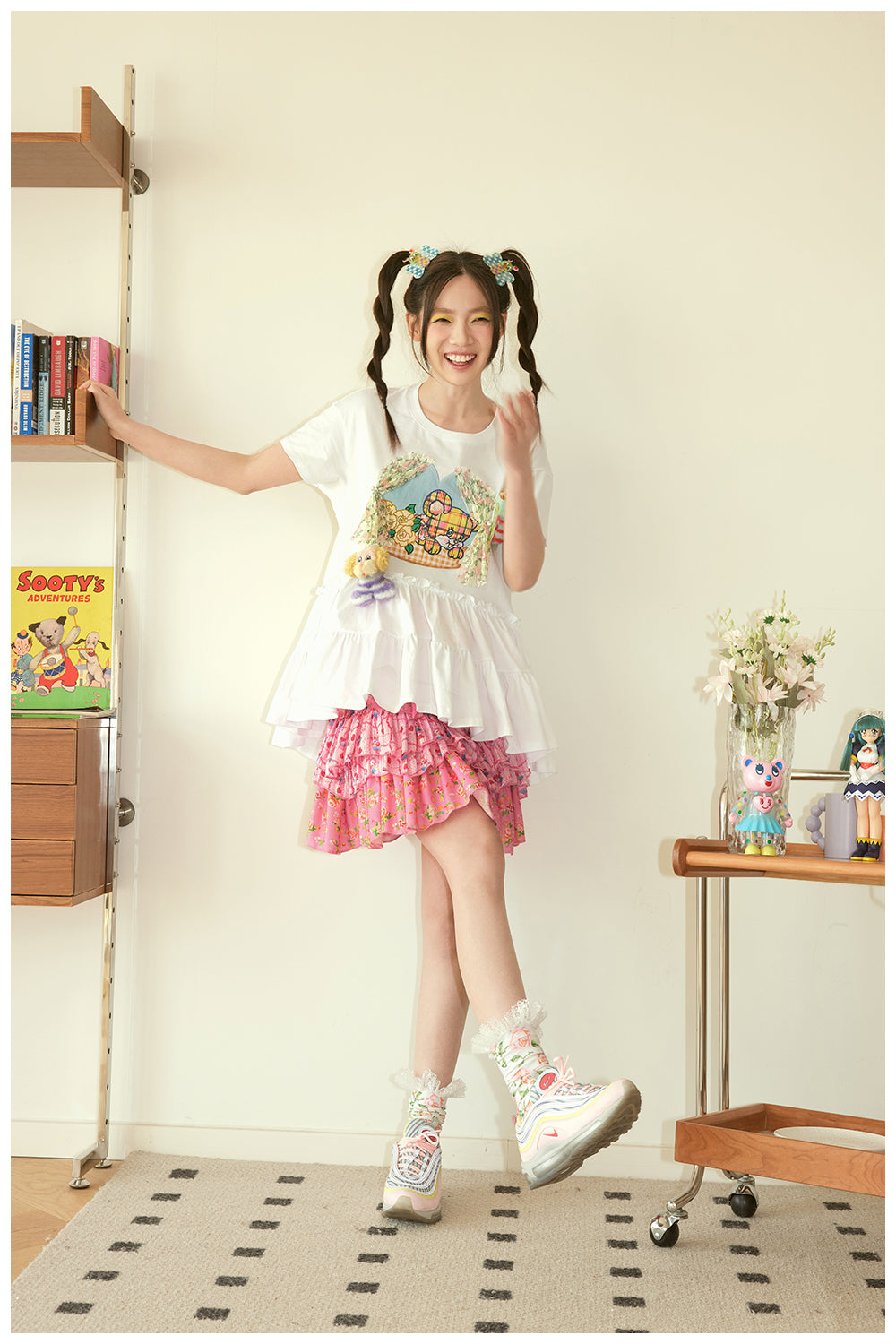 Pink Floral Hearts Tiered Ruffle Skirt