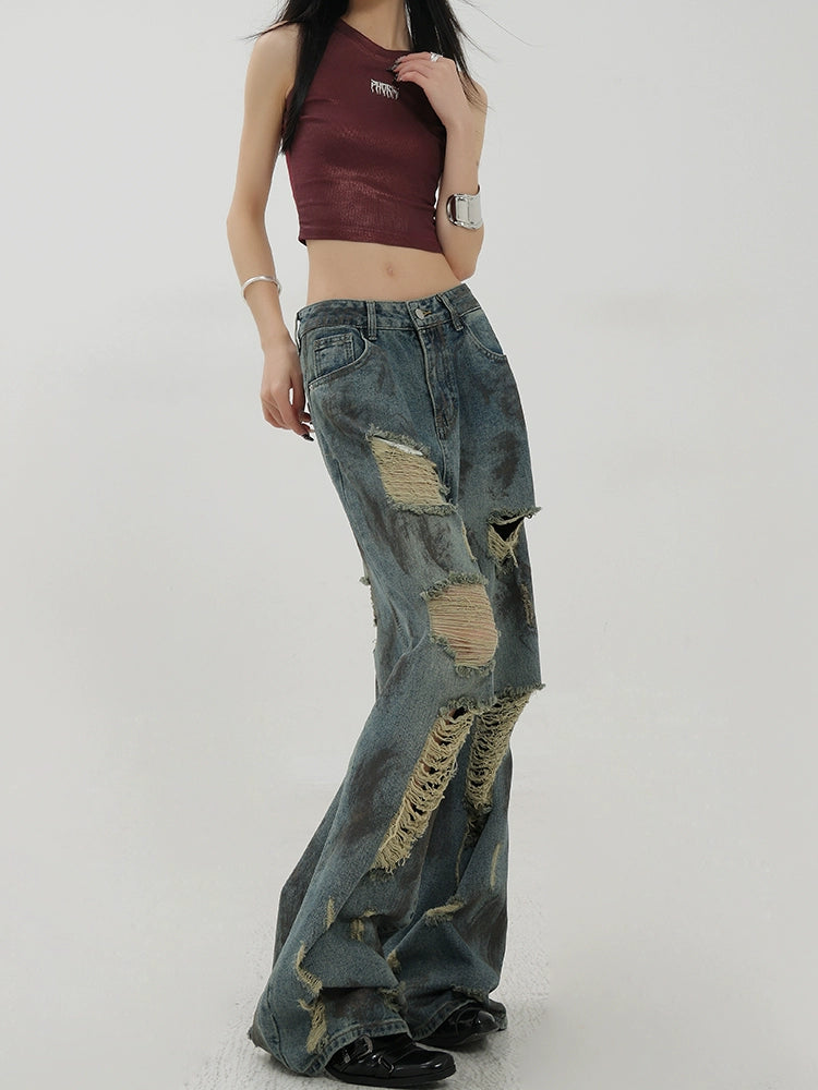 Retro Tie-Dye Distressed Wide-Leg Jeans With Washed Effect And Draping Fit - chiclara