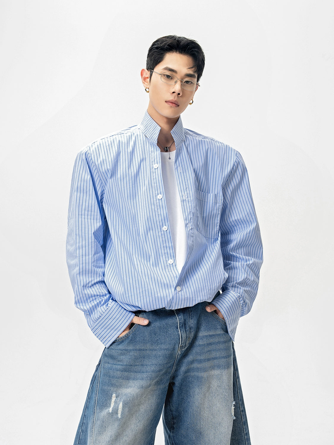 Pinstripe Stand Collar Shirt