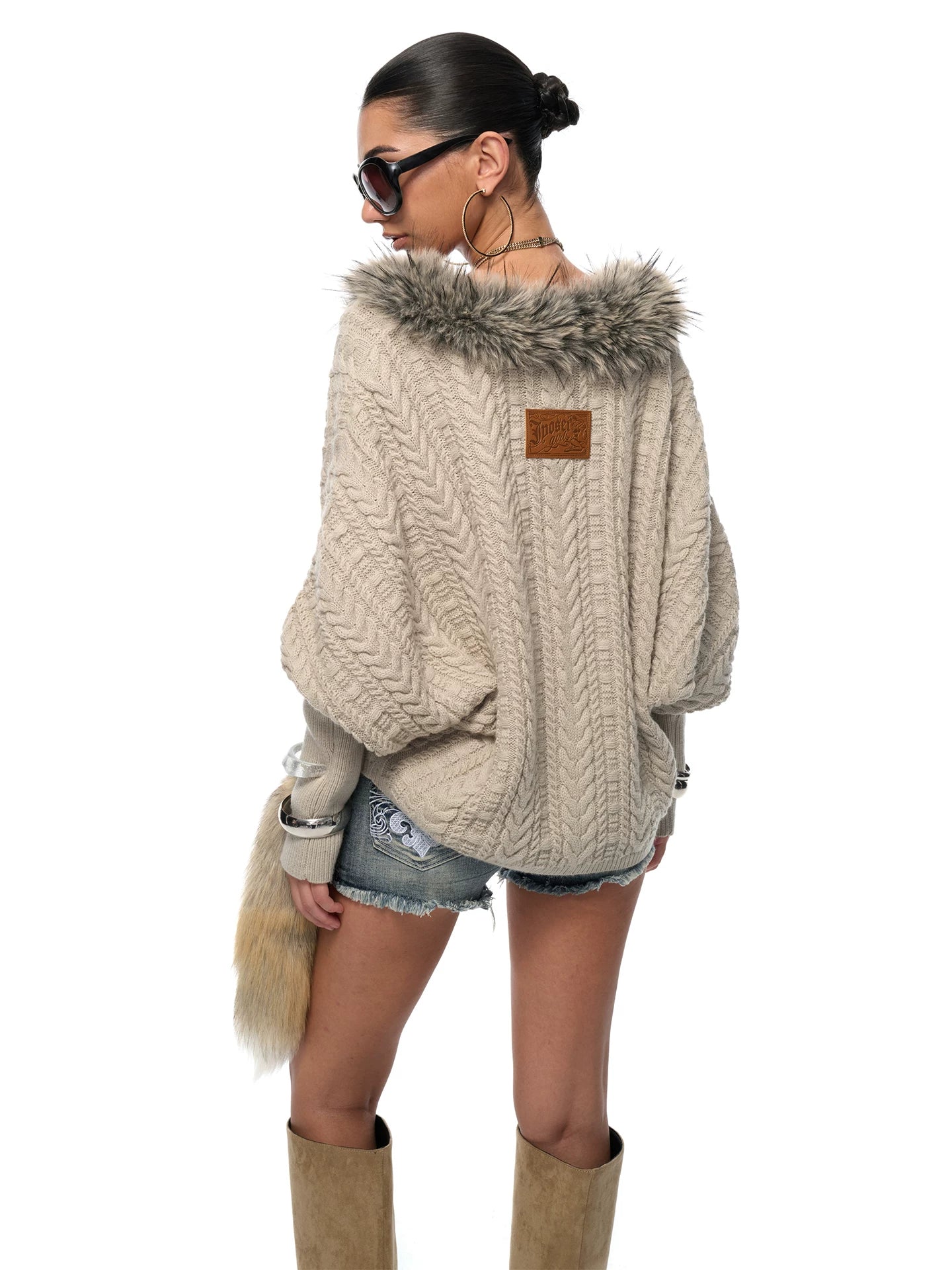 Frost Collar Slouchy Cable Knit Sweater