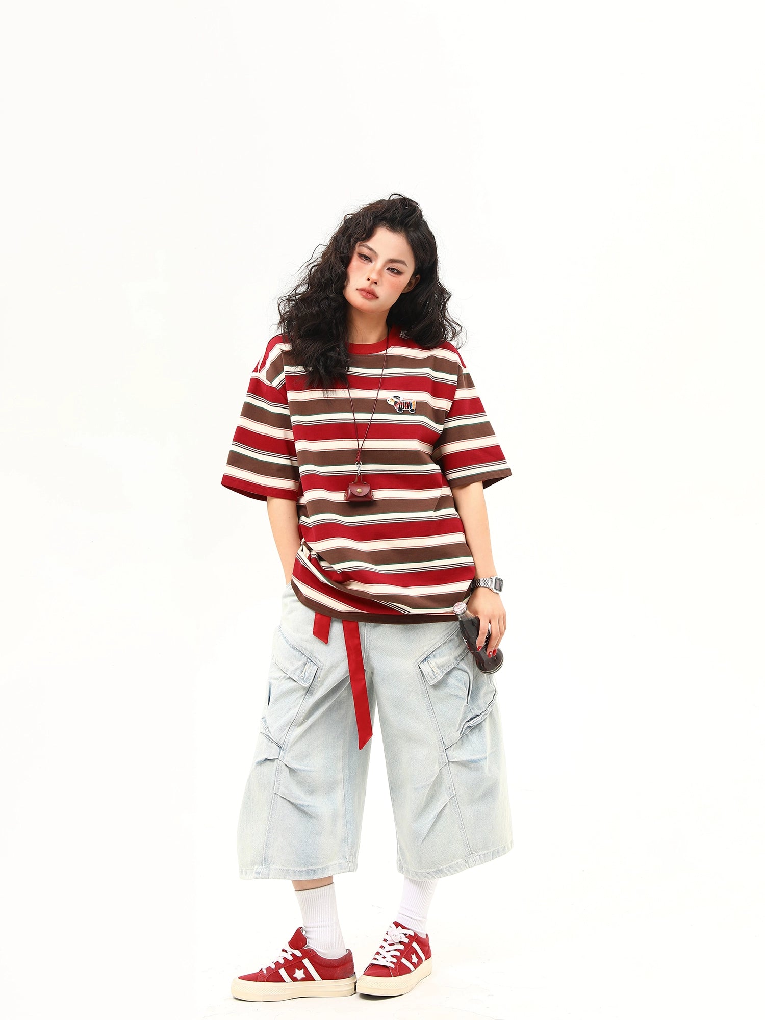 Brown and Red Striped Oversized Tee