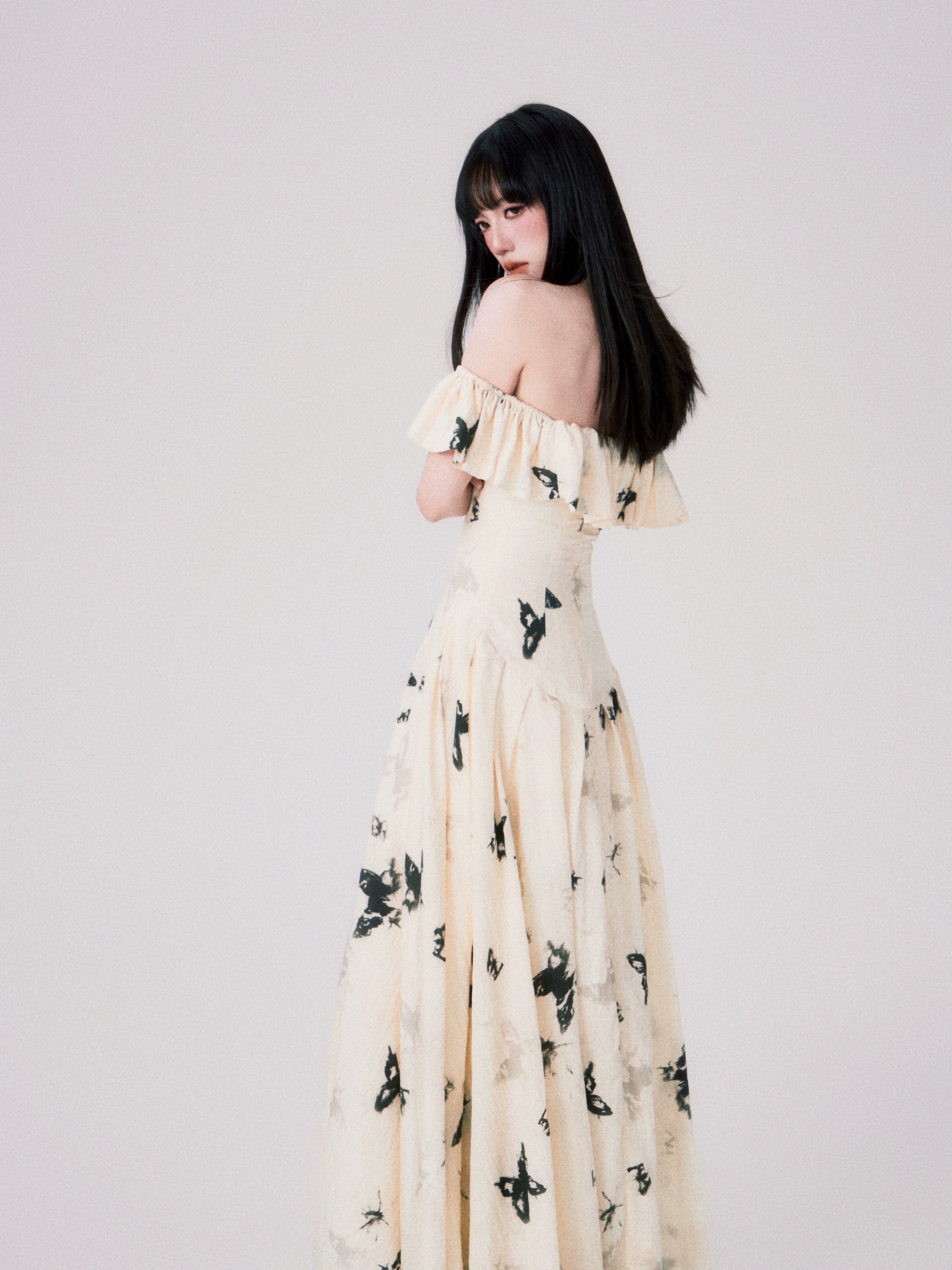 French Ink Butterfly Print Off-Shoulder Dress - chiclara