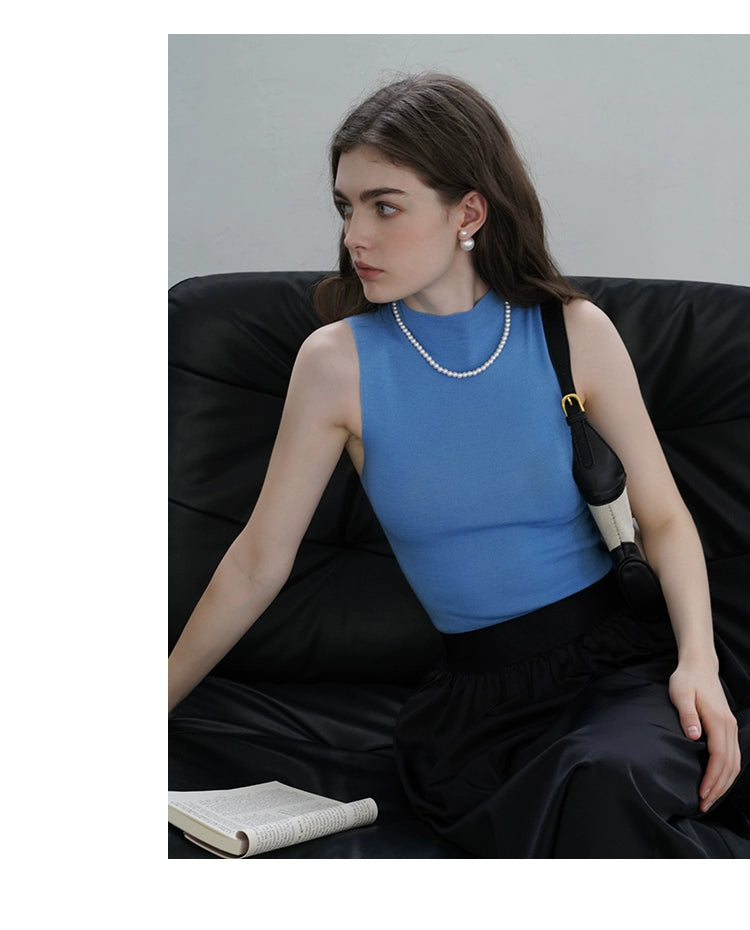French Semi-High Neck Wool Knit Seamless Blue Tank Top - chiclara
