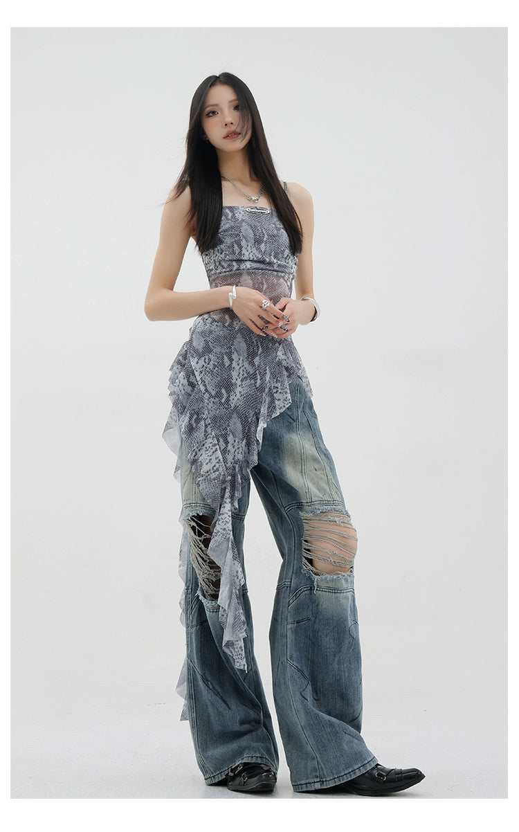 Black Asymmetric Ribbon Strap Tank Top With Ruffle Edge Design - chiclara