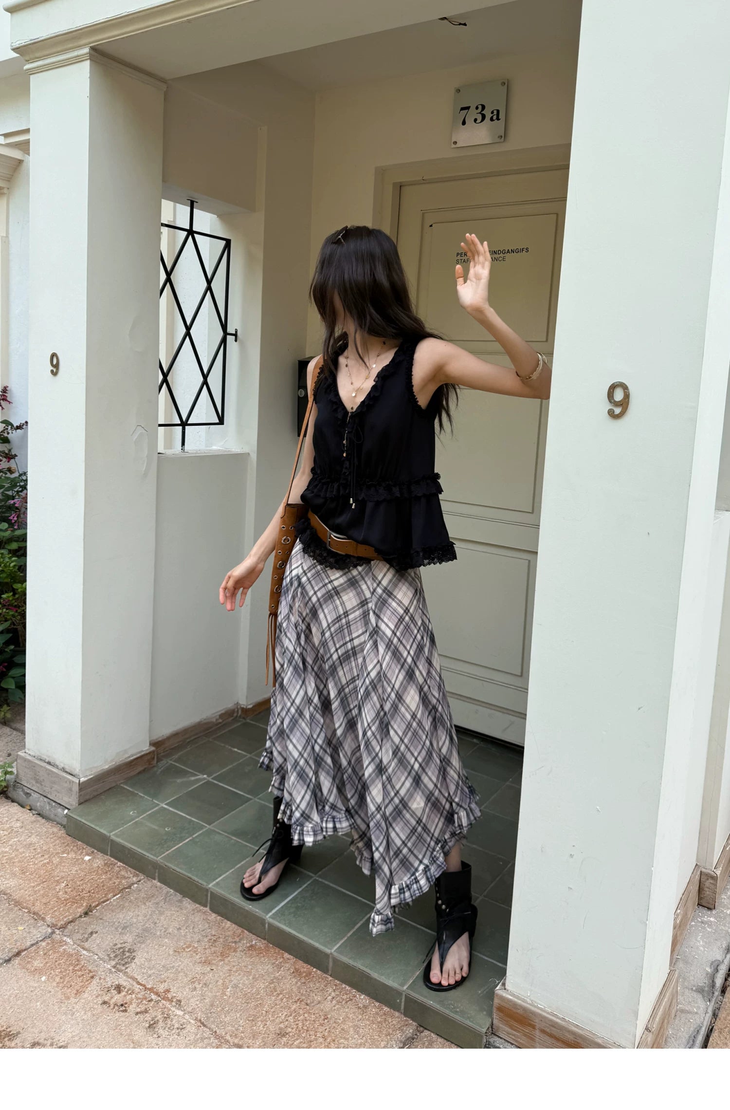 Plaid Chiffon Asymmetric Hem Skirt - purple plaid outdoor view