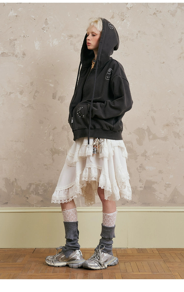 Sporty Hooded Jacket & Tiered Lace Midi Skirt Set