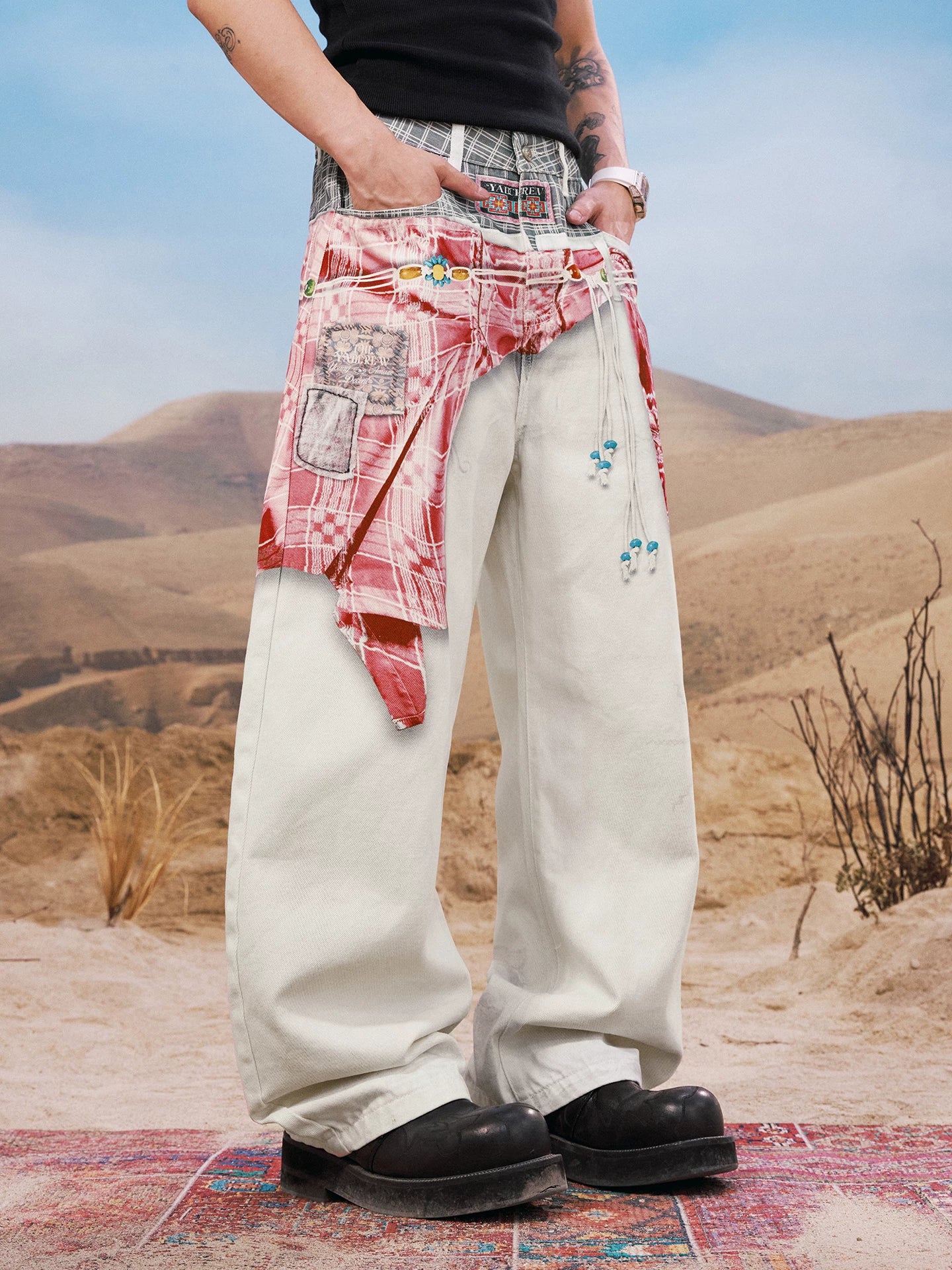 Layered Plaid Waist Wide Leg Jeans