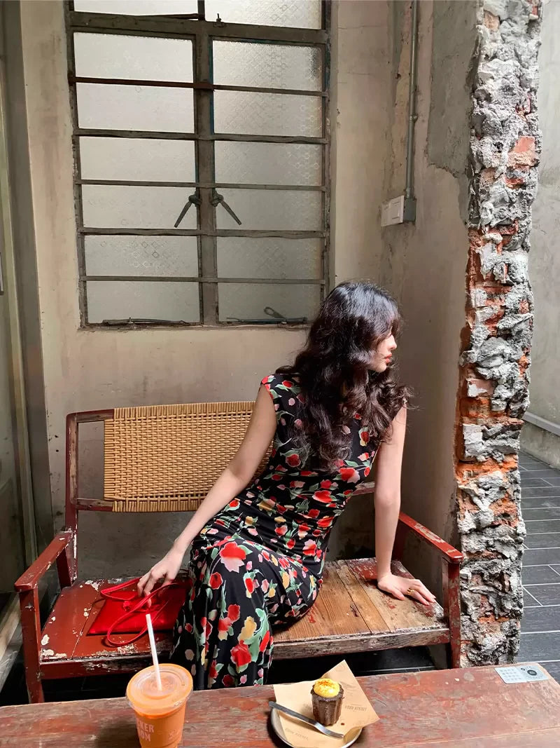 Black Floral Print Cap Sleeve Dress