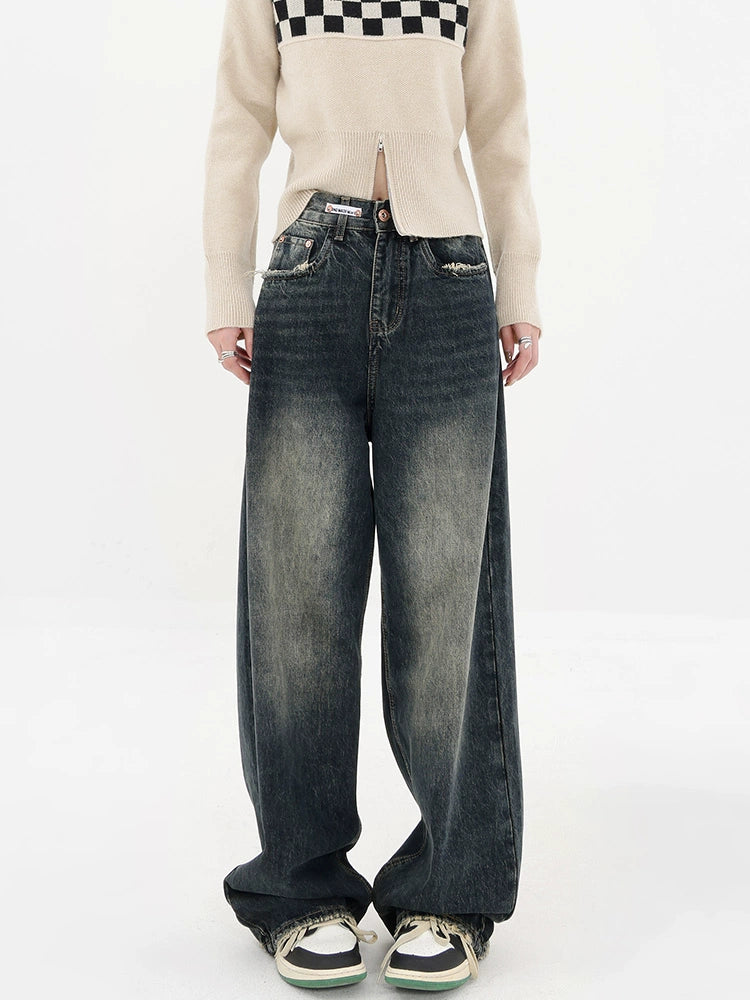 Vintage High Street Deep Blue Wide-Leg Denim Pants - chiclara