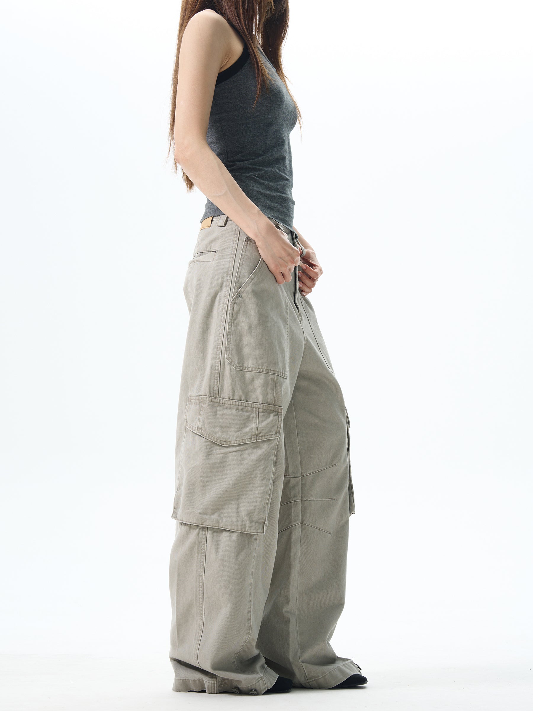 Wide Leg Cargo Pants in  Beige & Black