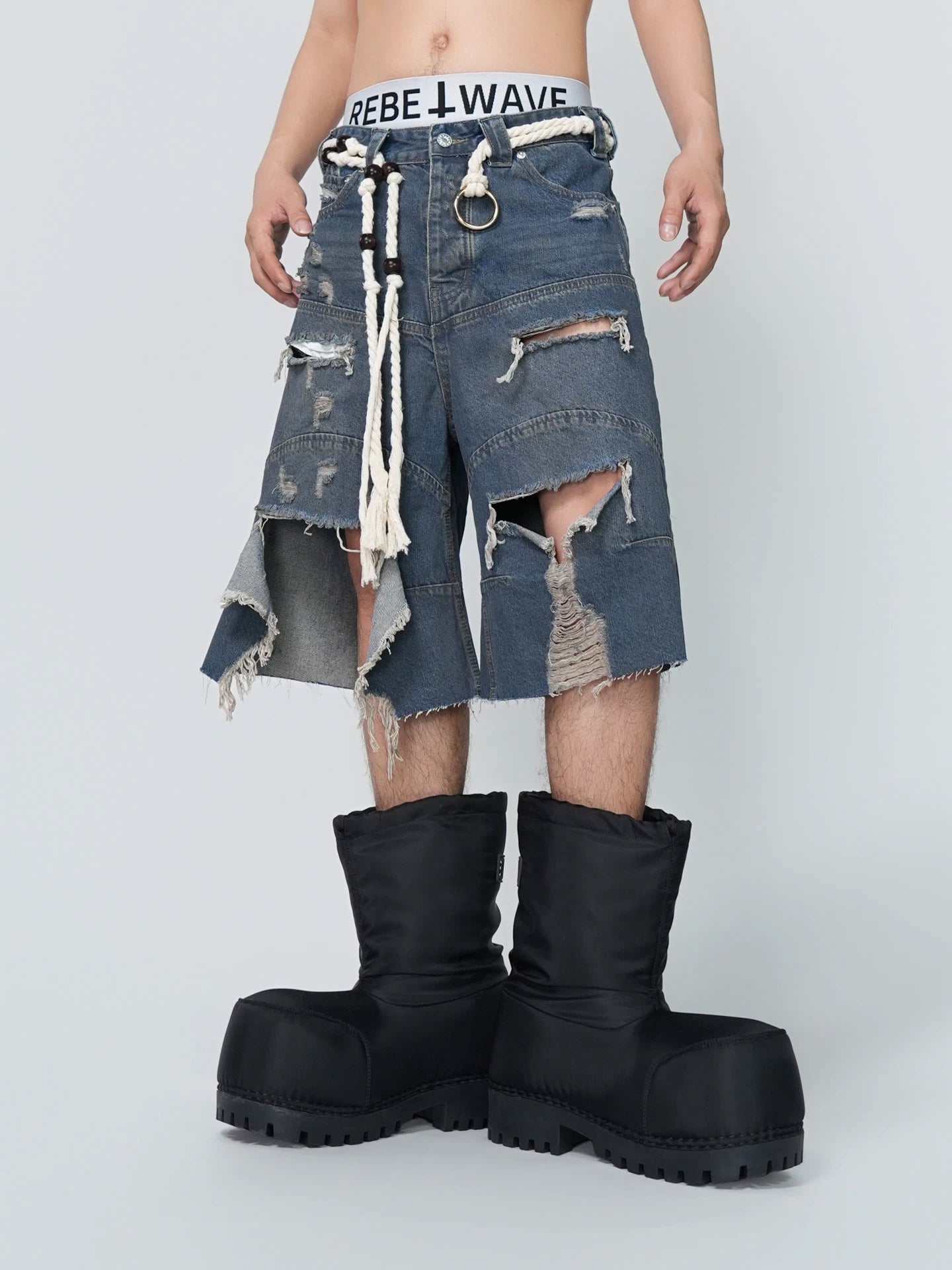 Tidal Ruin Shredded Rope-Belt Denim Shorts