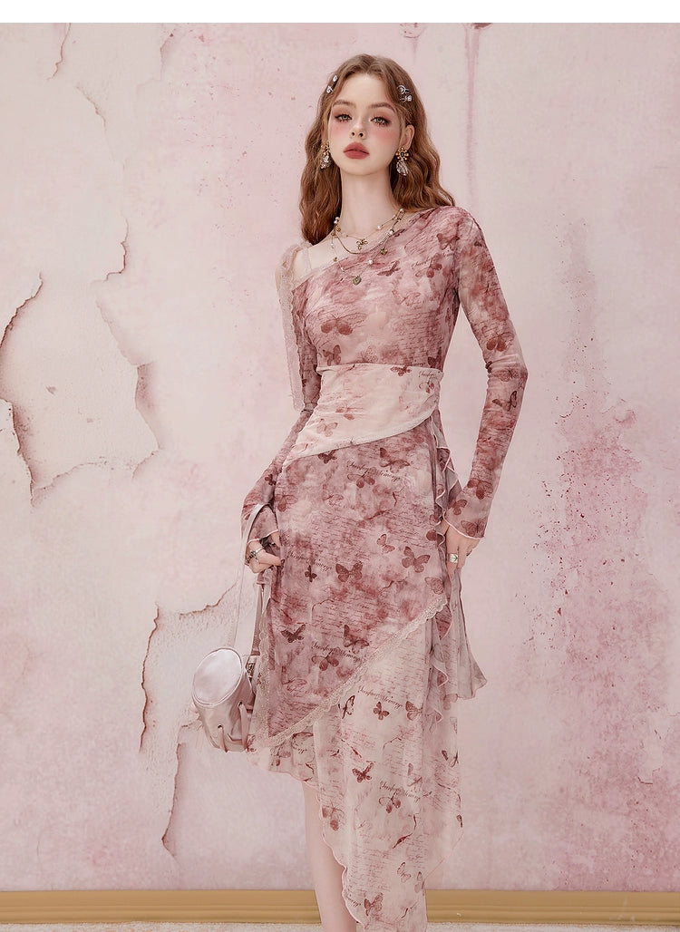 Rosa florale Langarm Midi Kleid