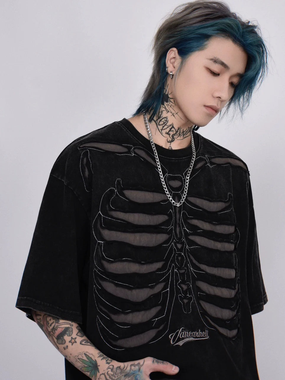 Skeleton Rippcage Mesh Cutout übergroßes T-Shirt