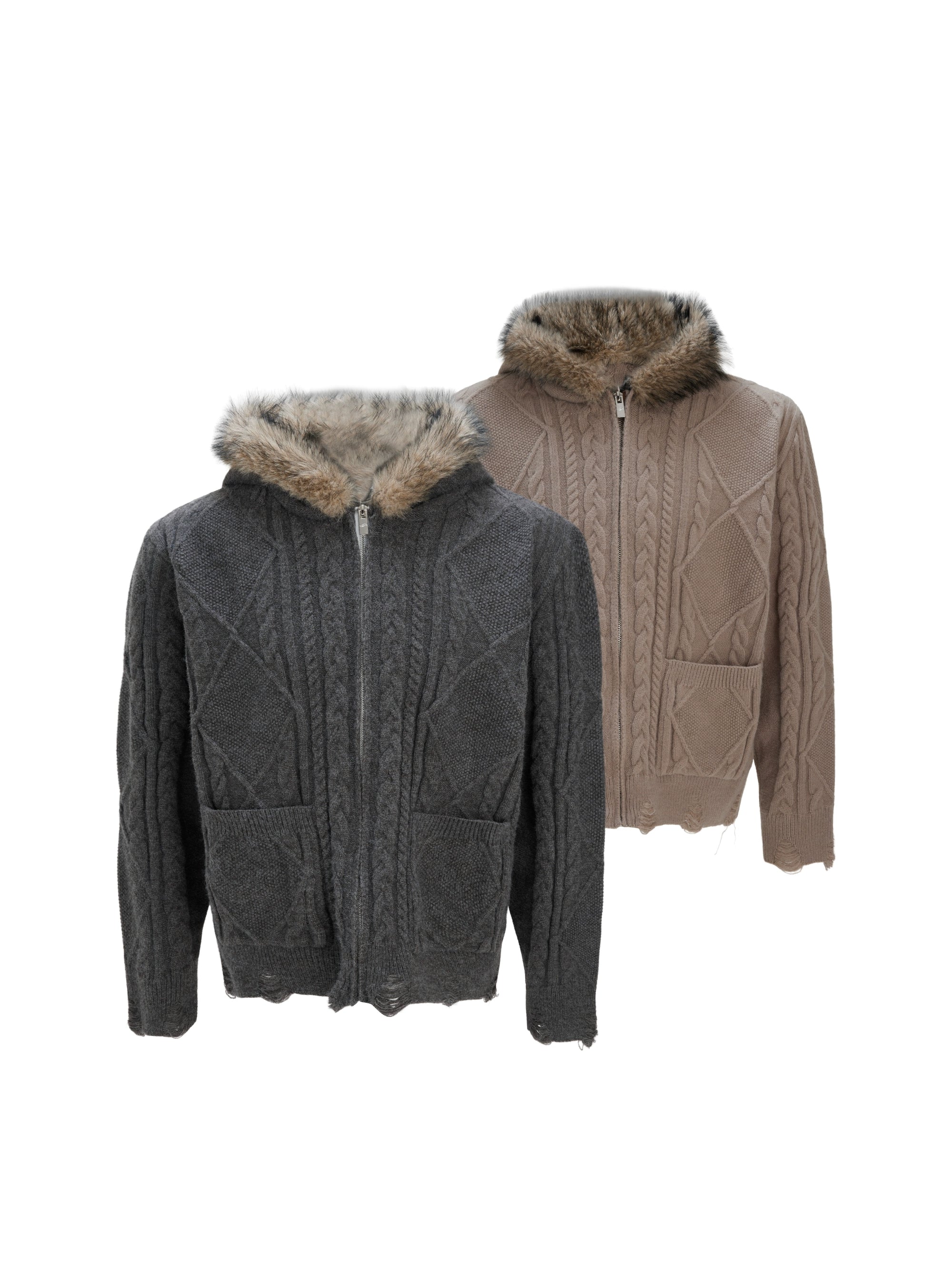 Faux Fur Hooded Cable Pattern Knit Zip Cardigans