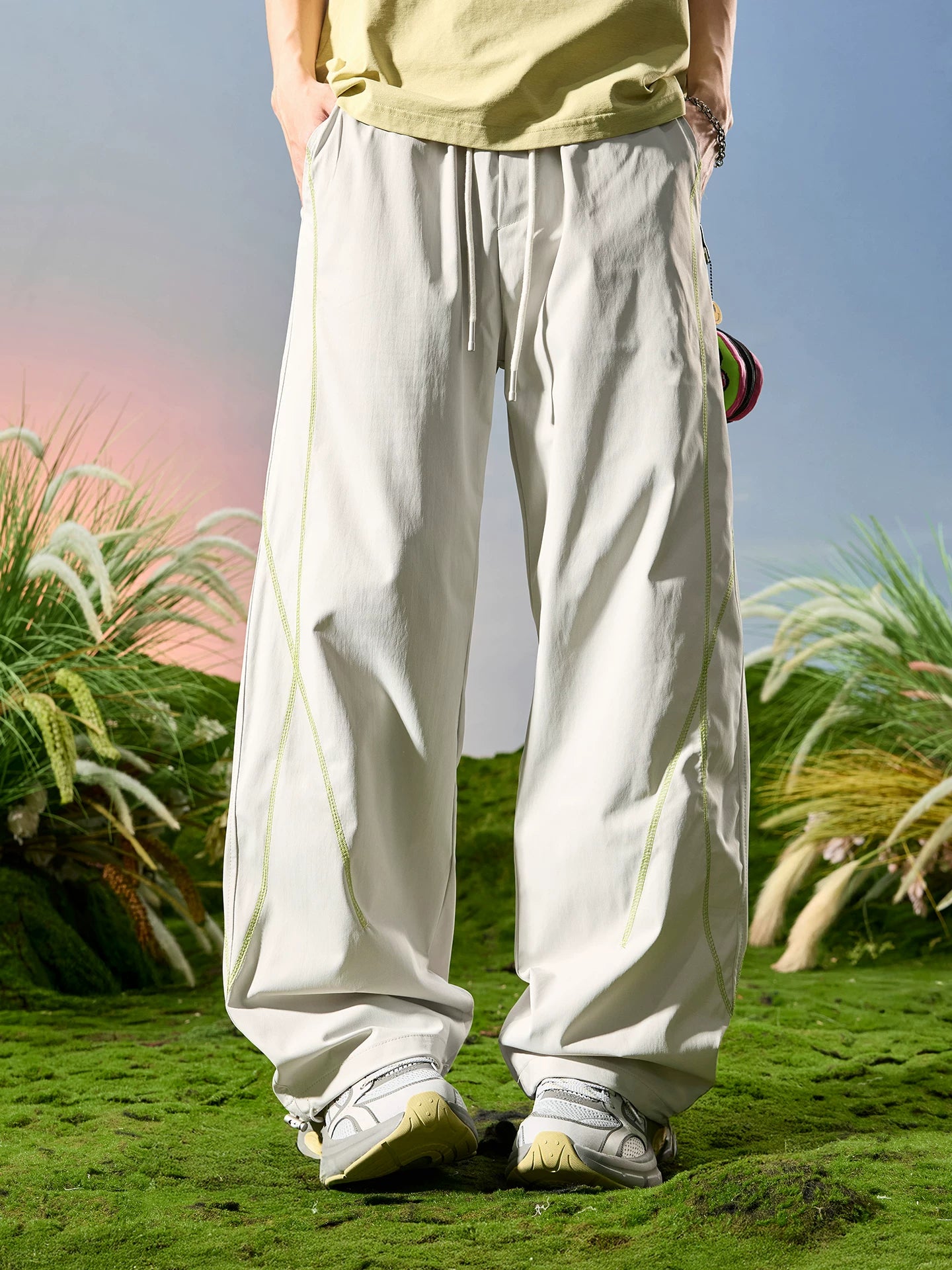 Contrast Stitch Drawstring Parachute Pants