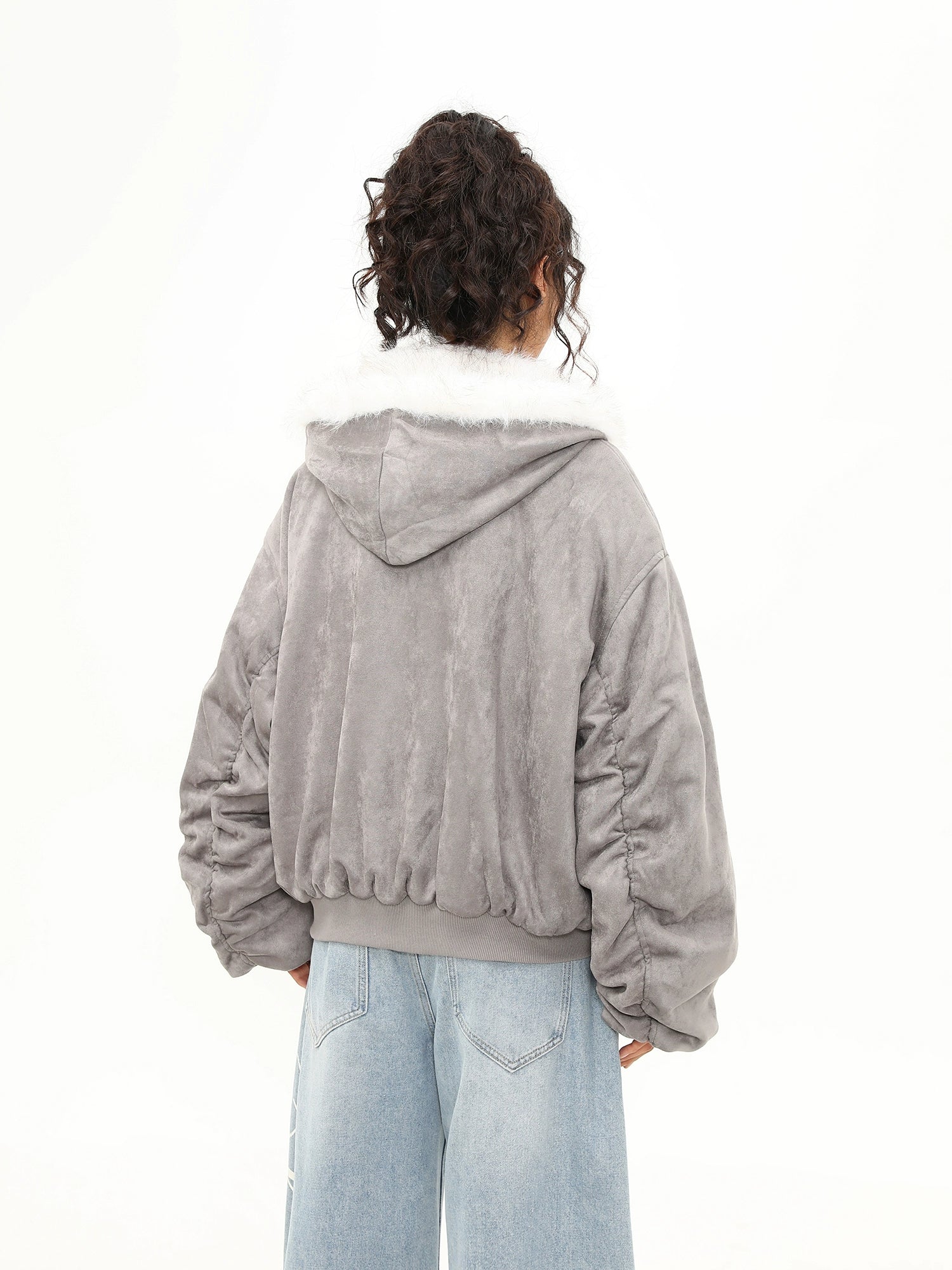 Ash Cloud Faux Fur Collar Bomber Jacket