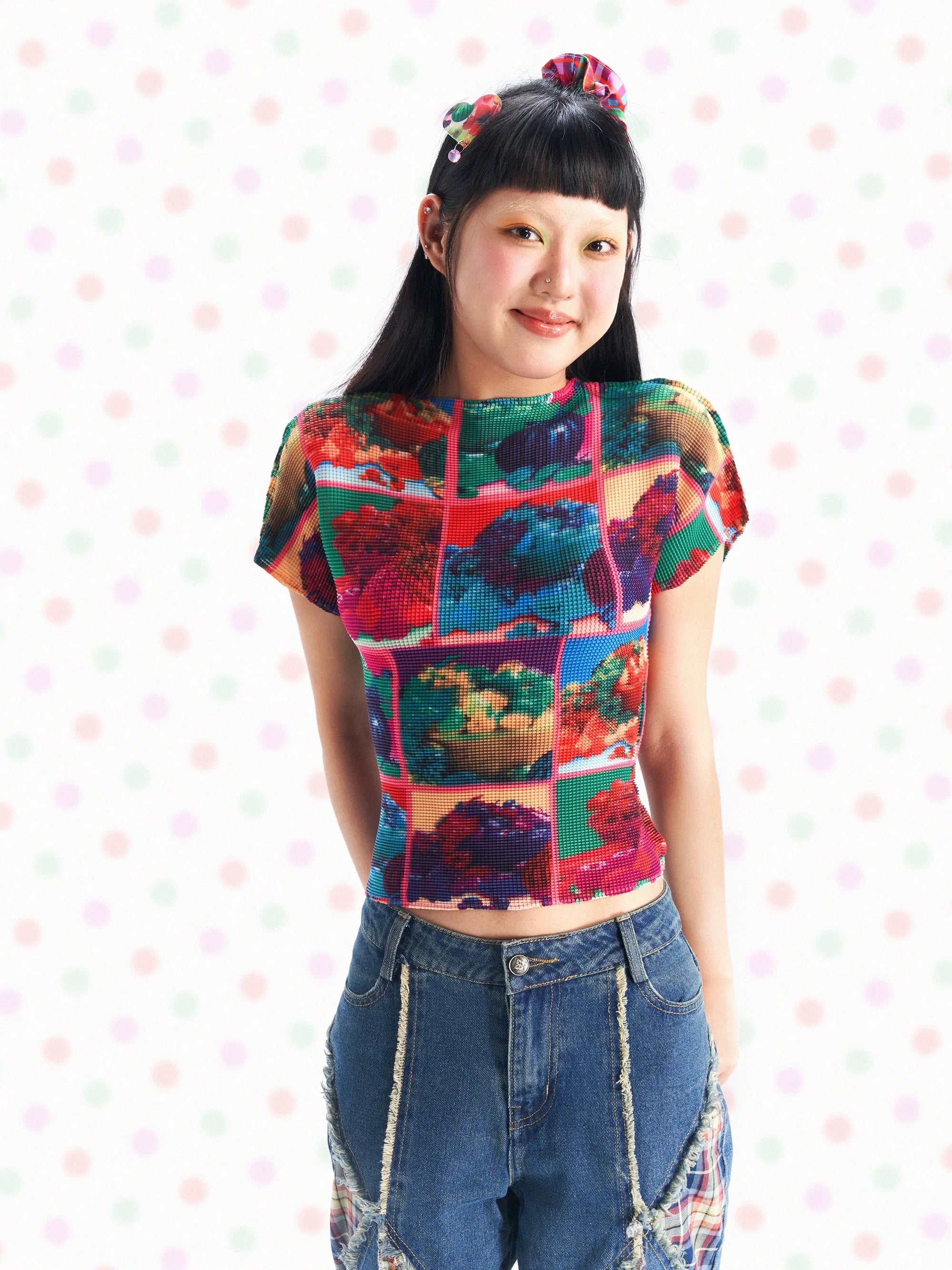 Digital Fruit Print Mesh Crop Top