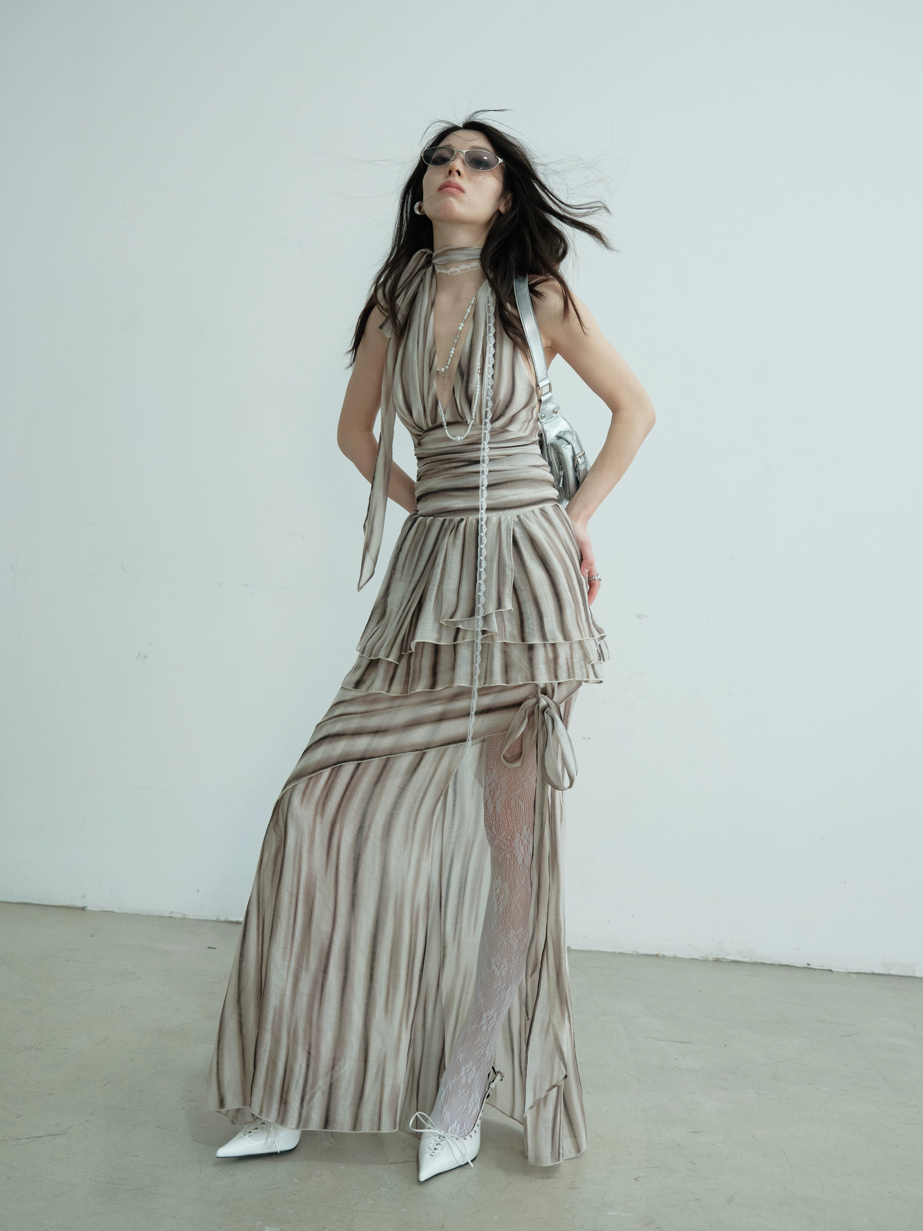 Ruched Halter Striped Two-Piece Dress Set