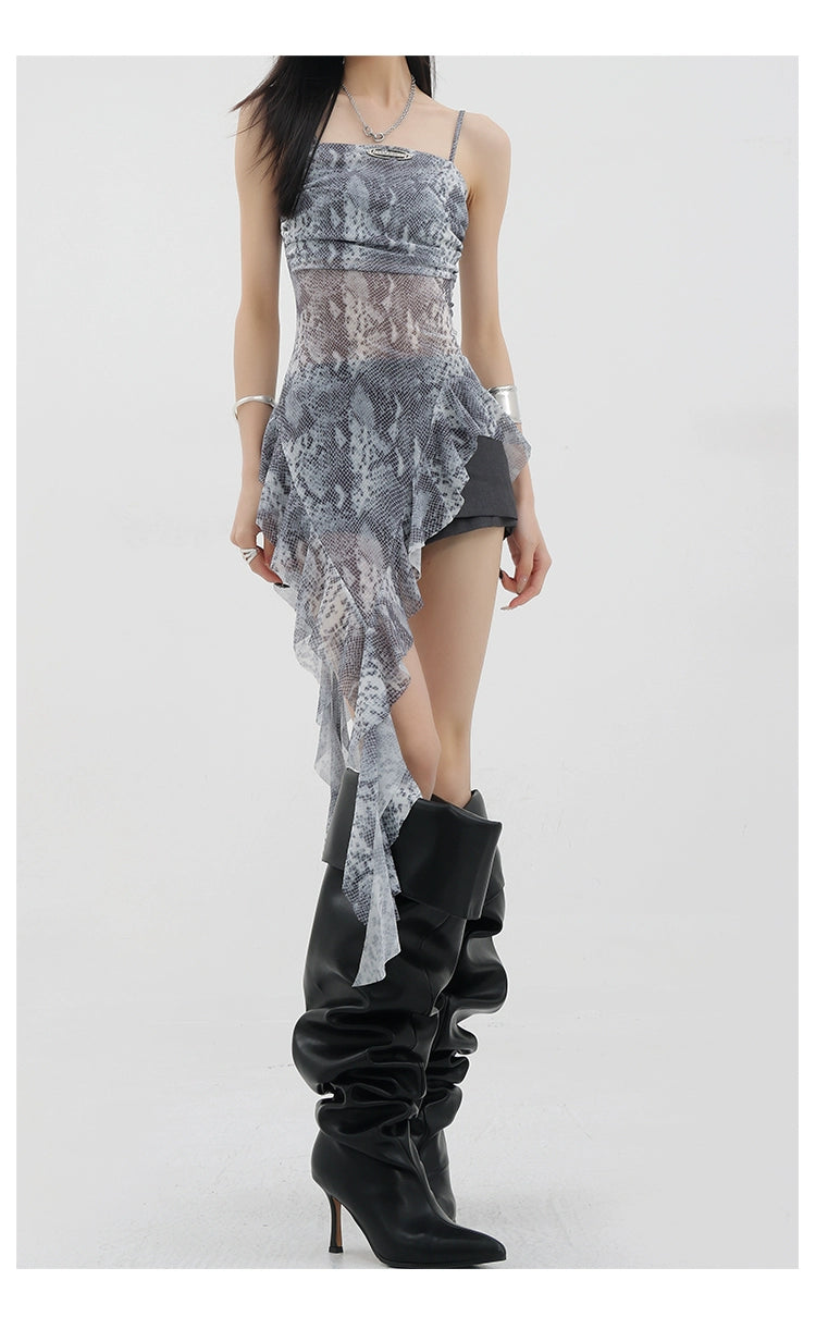 Black Asymmetric Ribbon Strap Tank Top With Ruffle Edge Design - chiclara