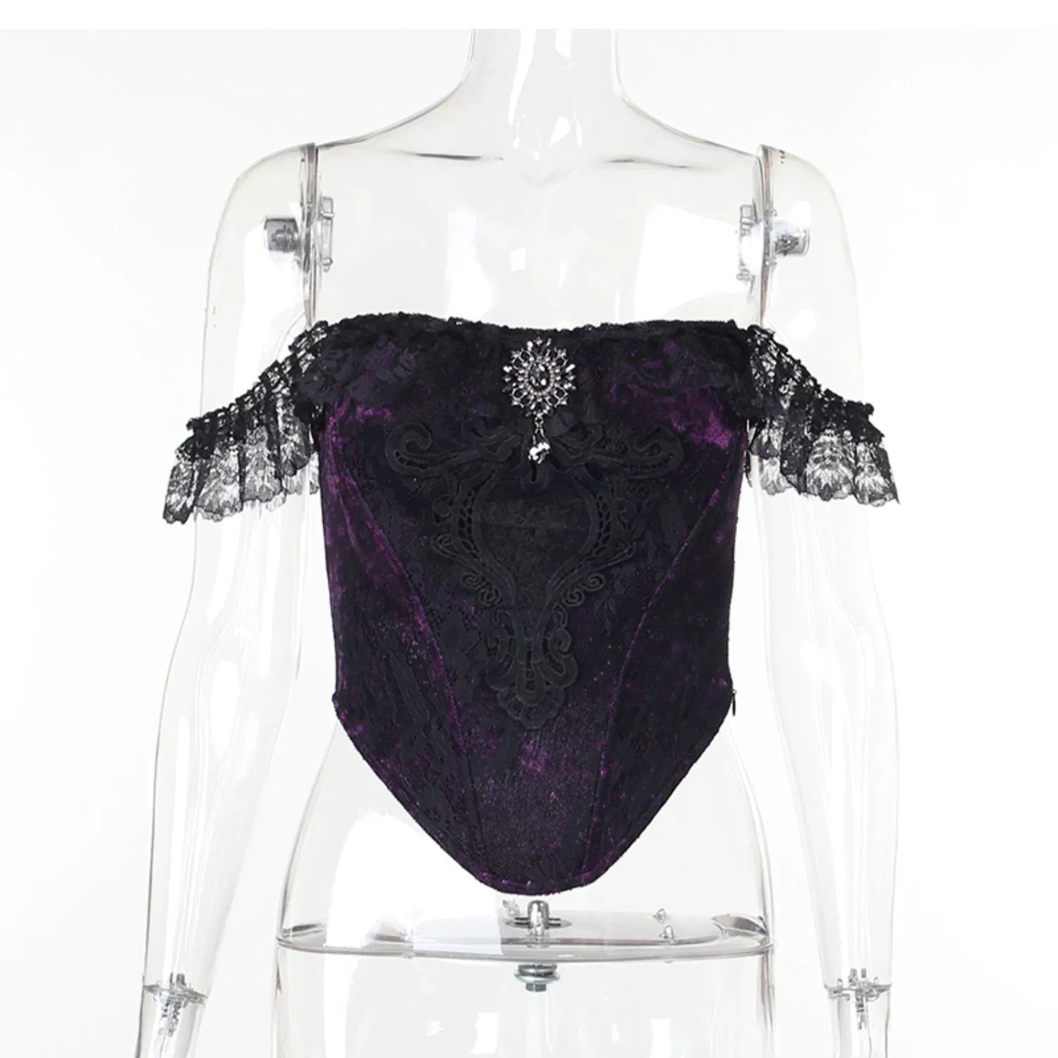 Conjunto de terciopelo gótico de Wannathis - Bodysuit de encaje sin hombros con sirena floral Maxi falda