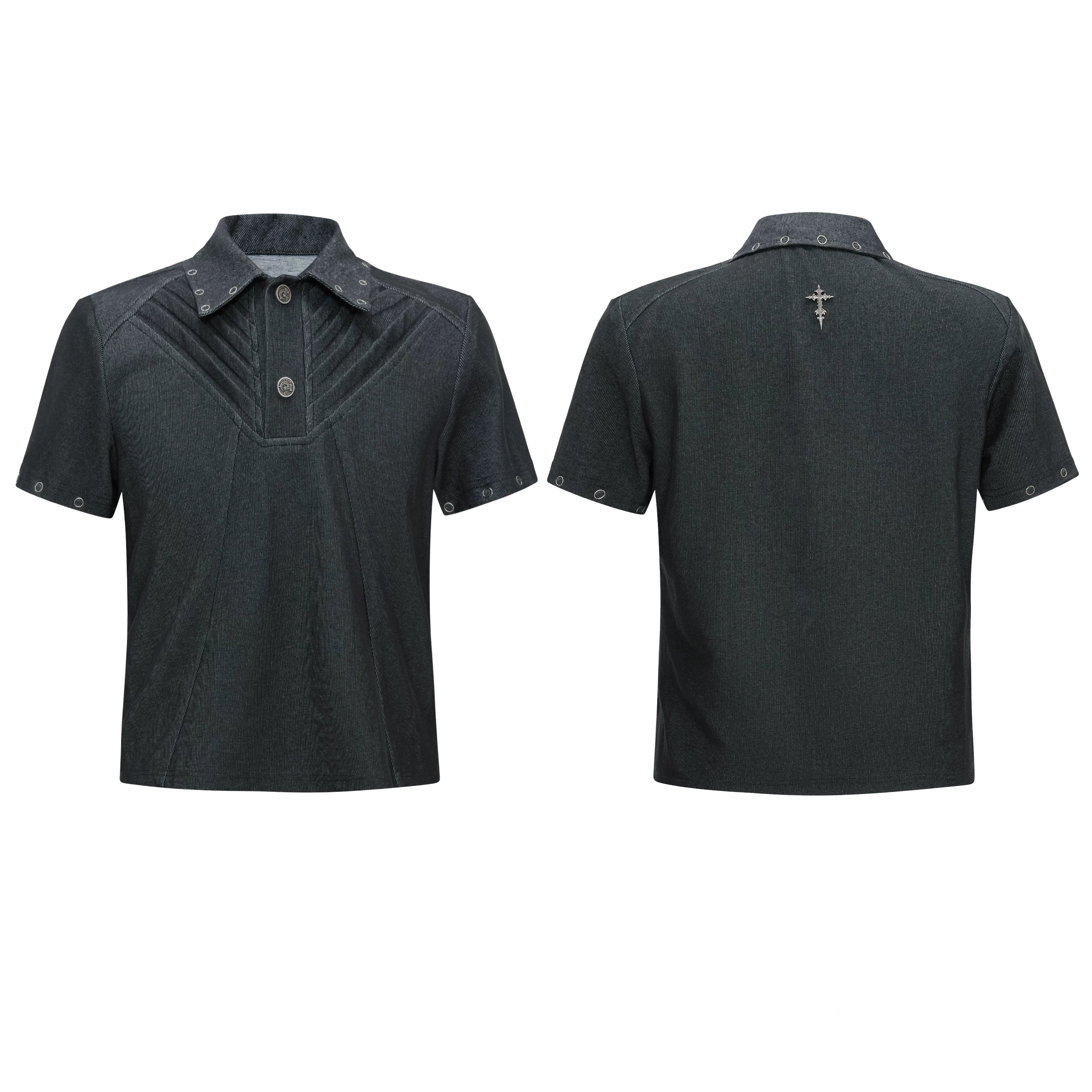 Grommet Collar Pleated Panel Polo Shirt