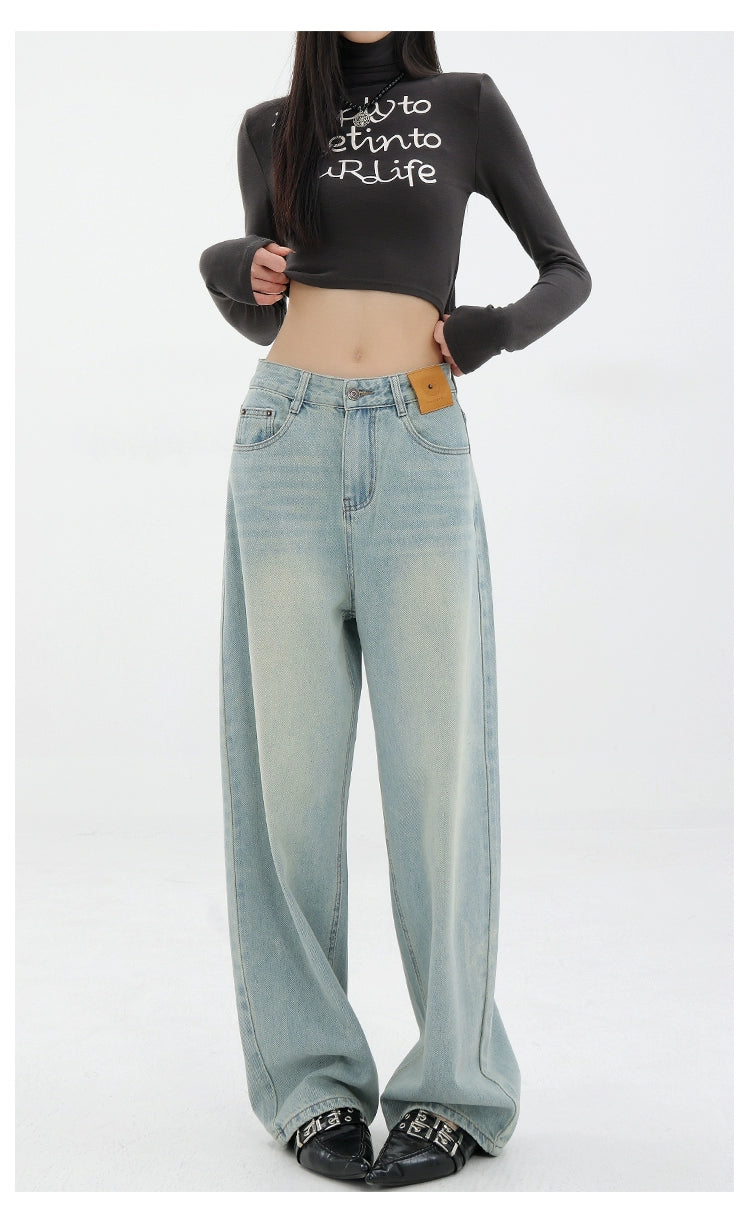 Blue Retro Loose Straight-Leg High-Waist Floor-Length Jeans - chiclara