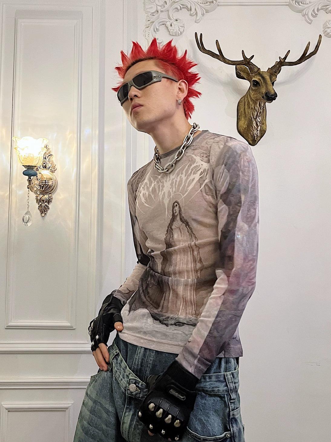 종교적 이미지 그래픽 긴팔 셔츠