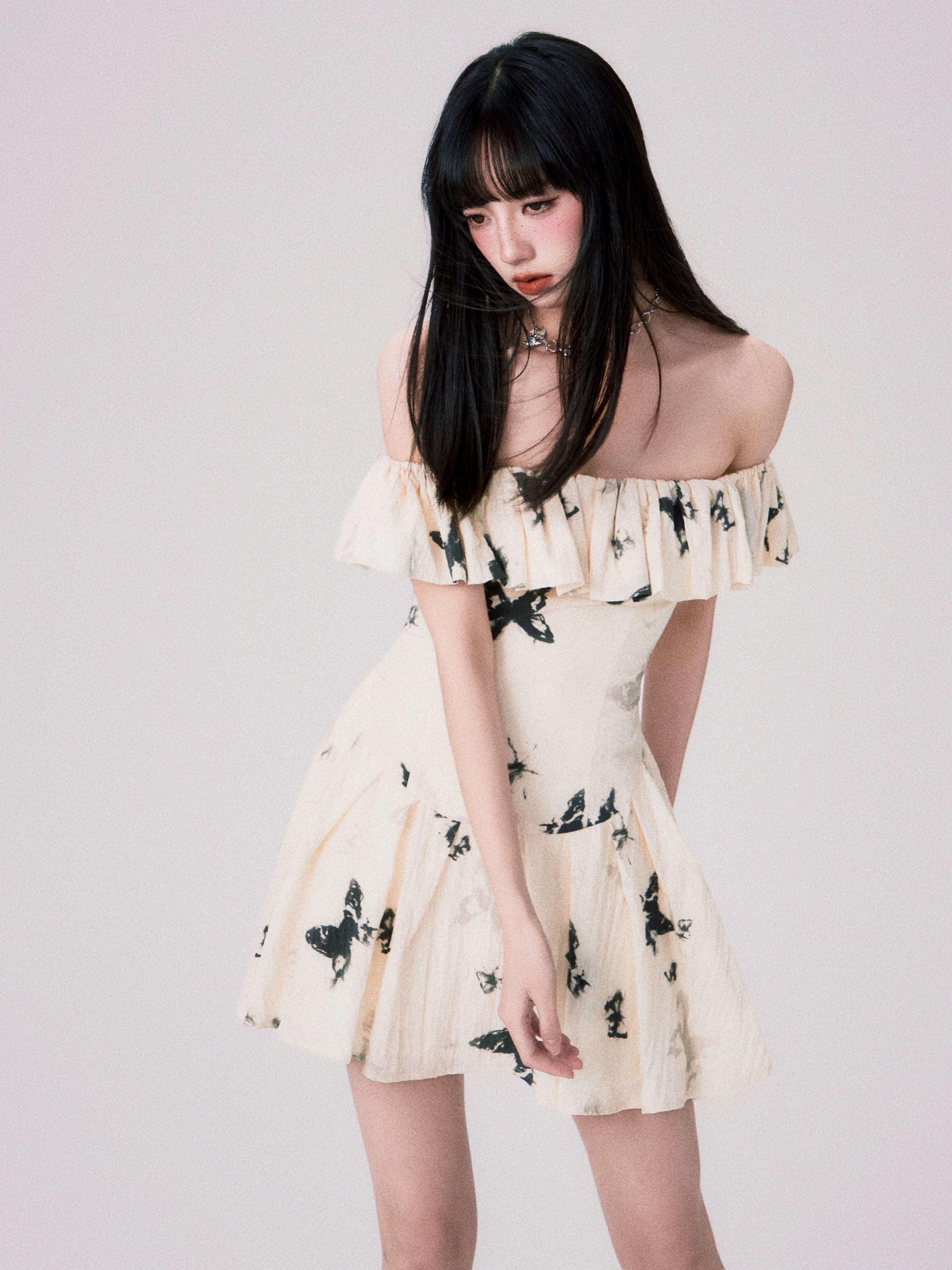 French Ink Butterfly Print Off-Shoulder Dress - chiclara