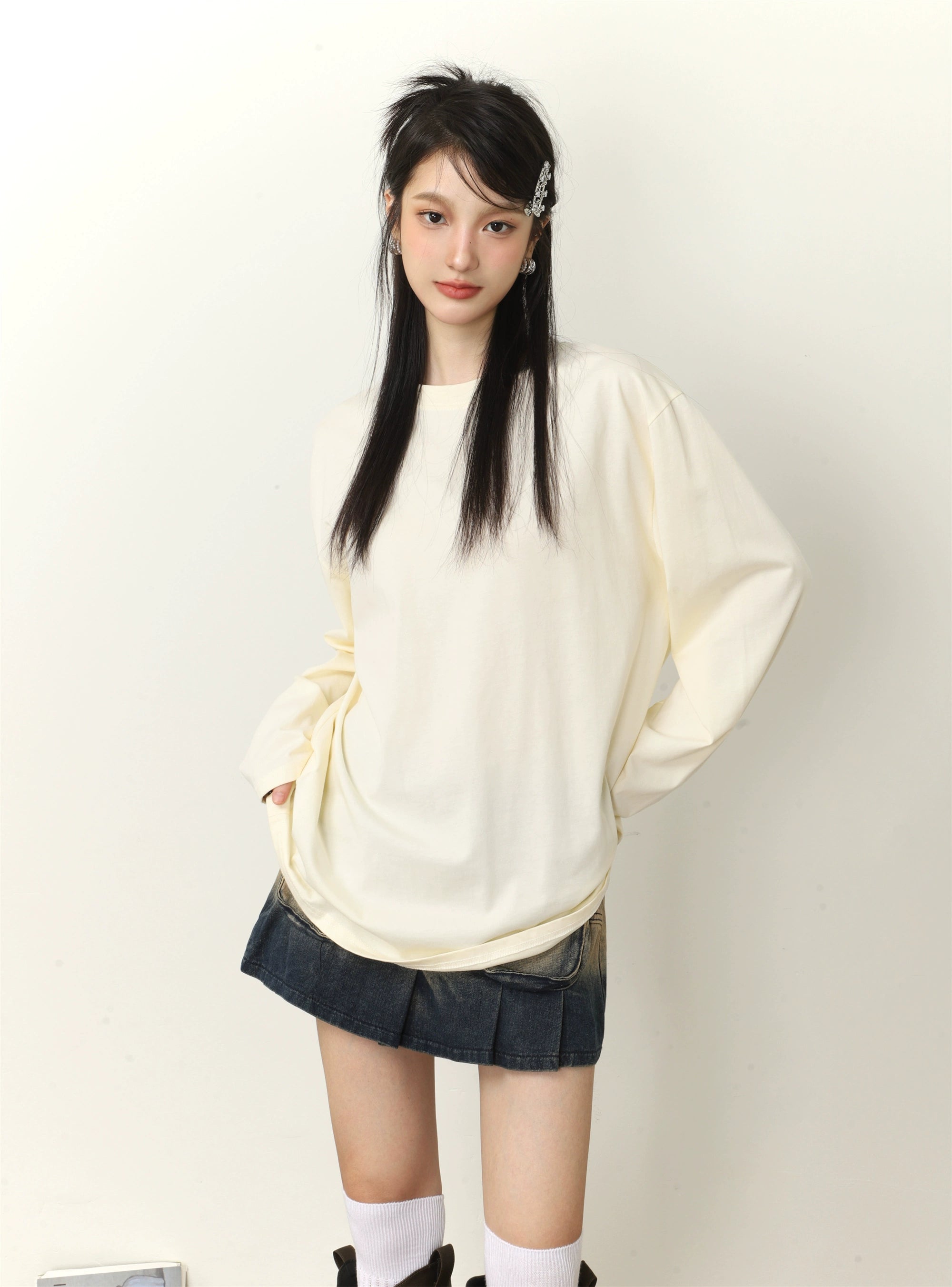 Feste Farbe Lose Long Sleeve T-Shirt