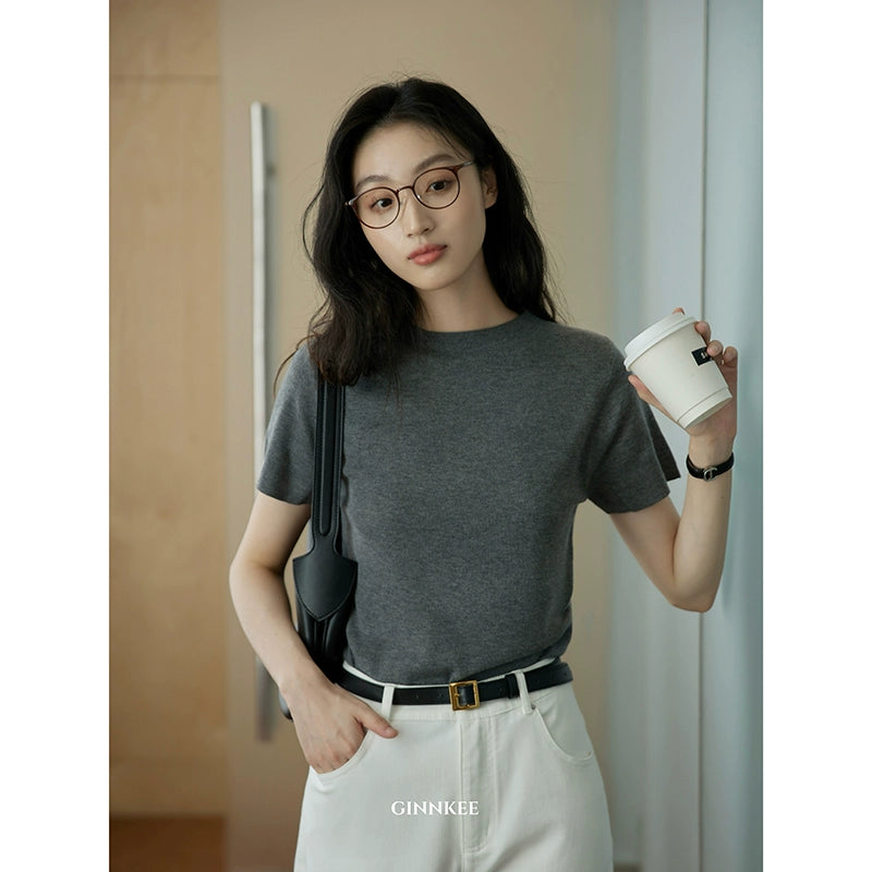 Mid-neck Knitted Short-sleeve T-shirt