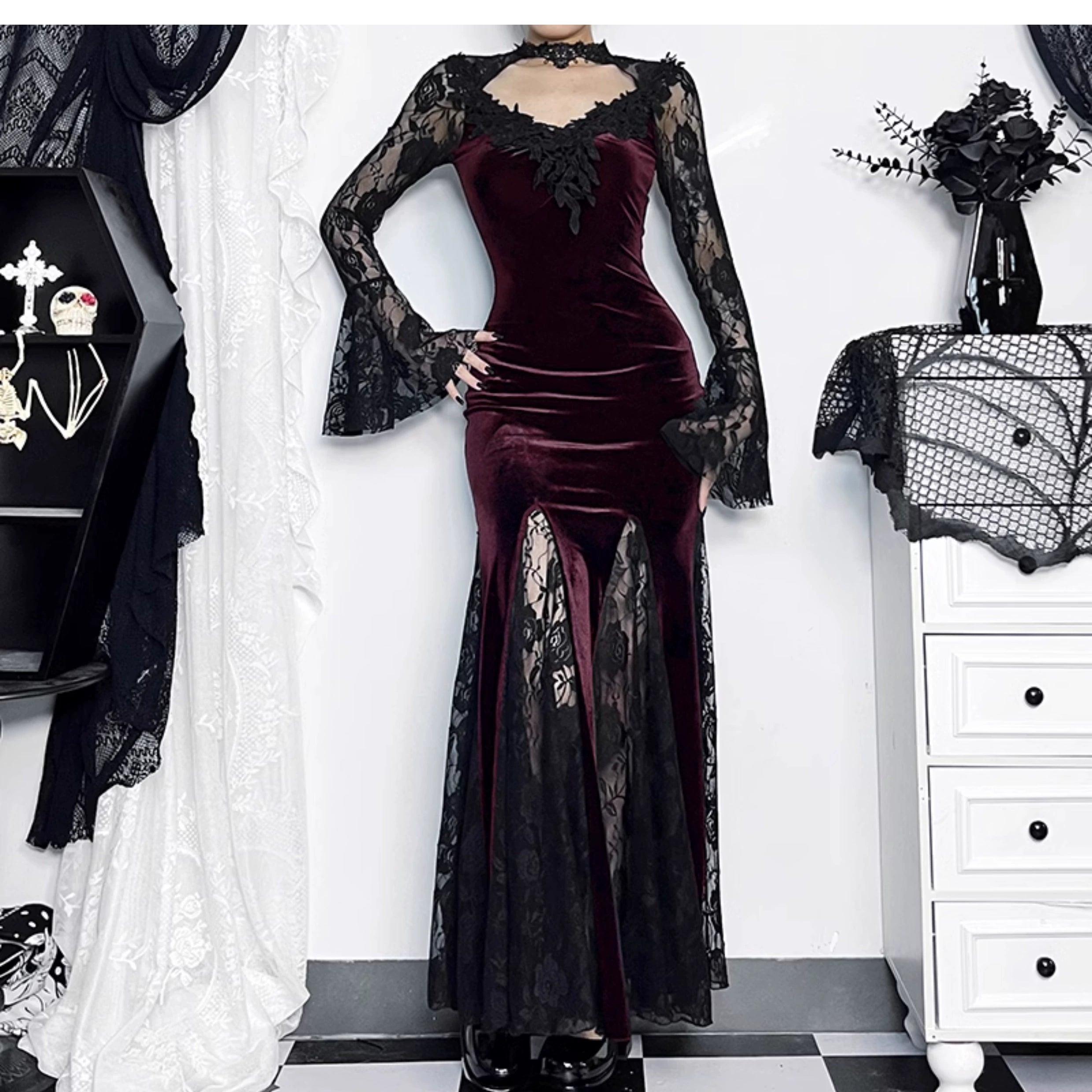 Robe sirène en velours gothique wannathis - robe de plancher en dentelle à manches longues avec collier élevé