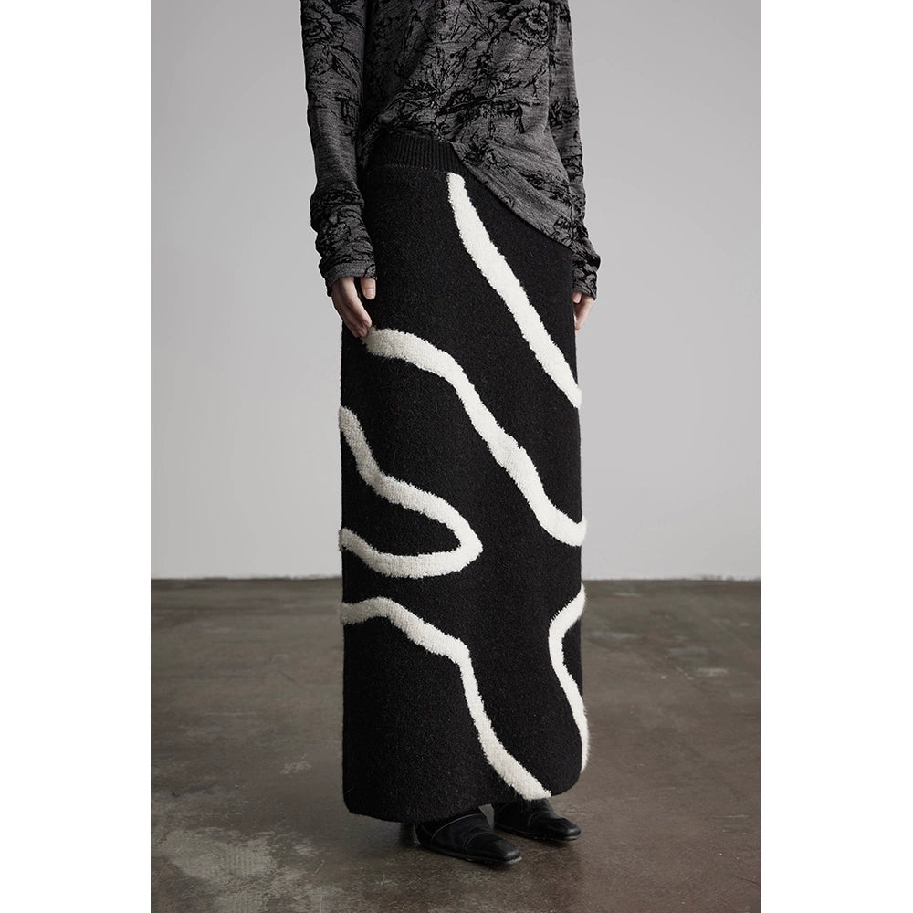 White Striped Black Knit Straight Skirt