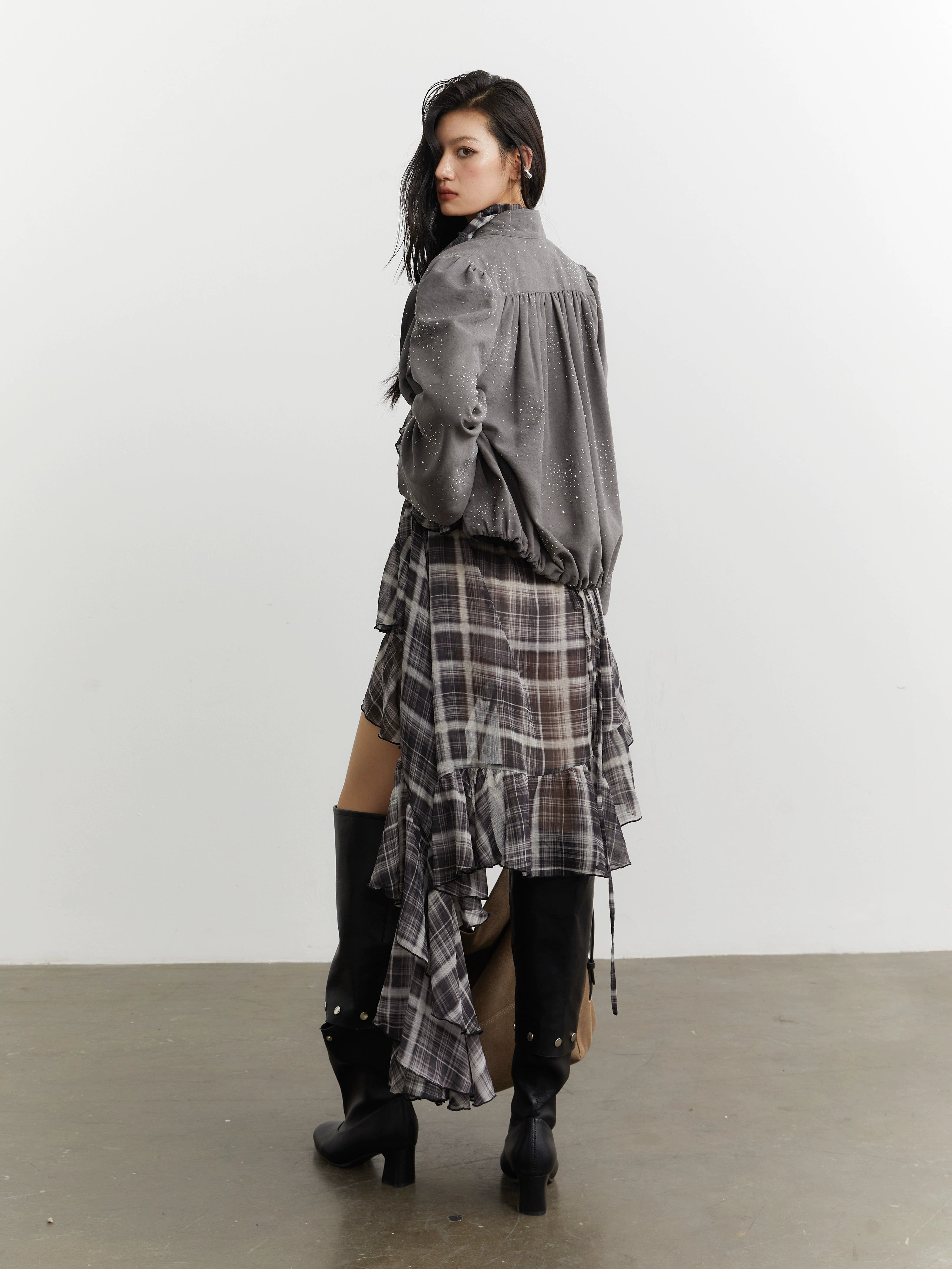 Shadow Cascade Ruffle Plaid Dress
