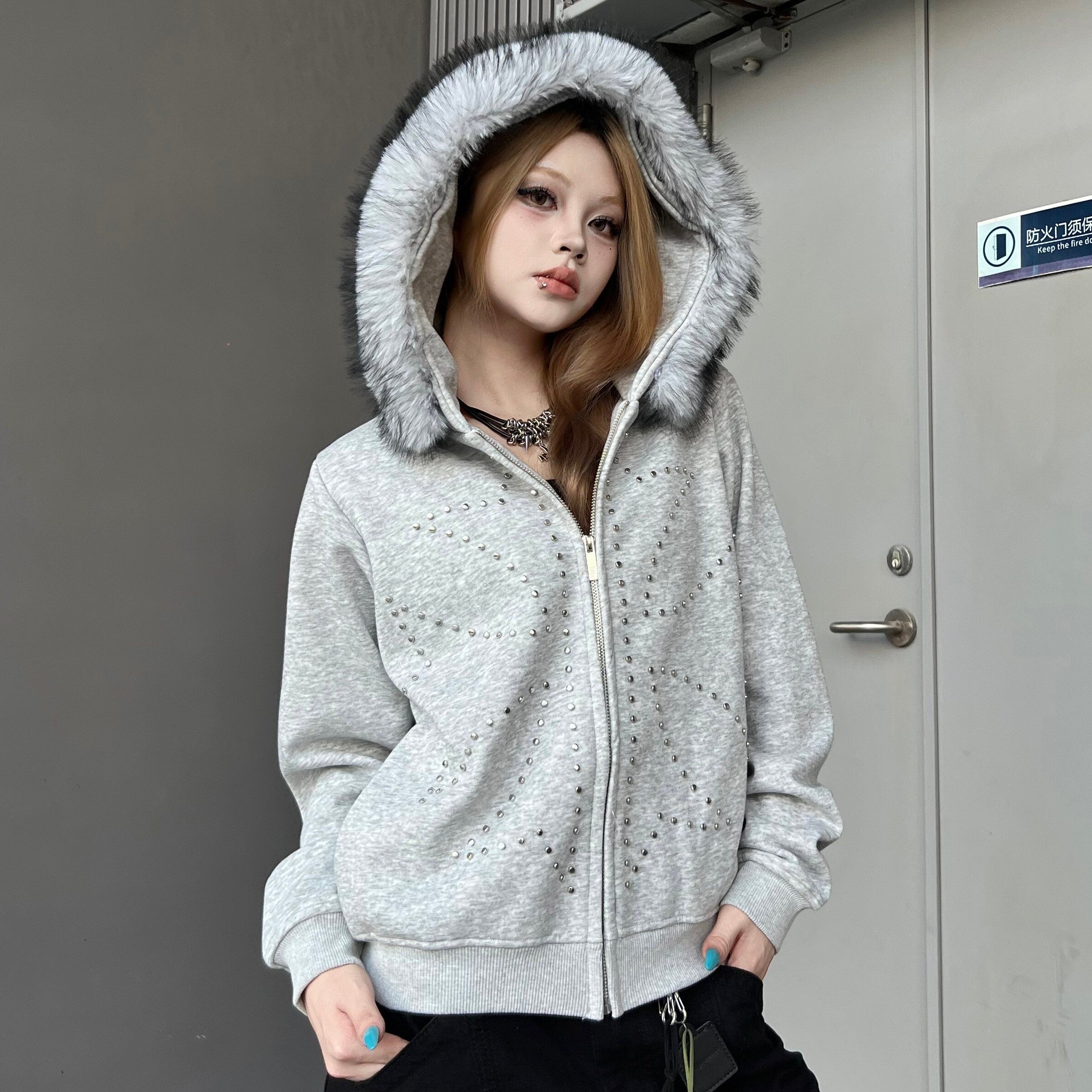 Faux-Fur Collar Studded | Men's Zip-Up Hoodie