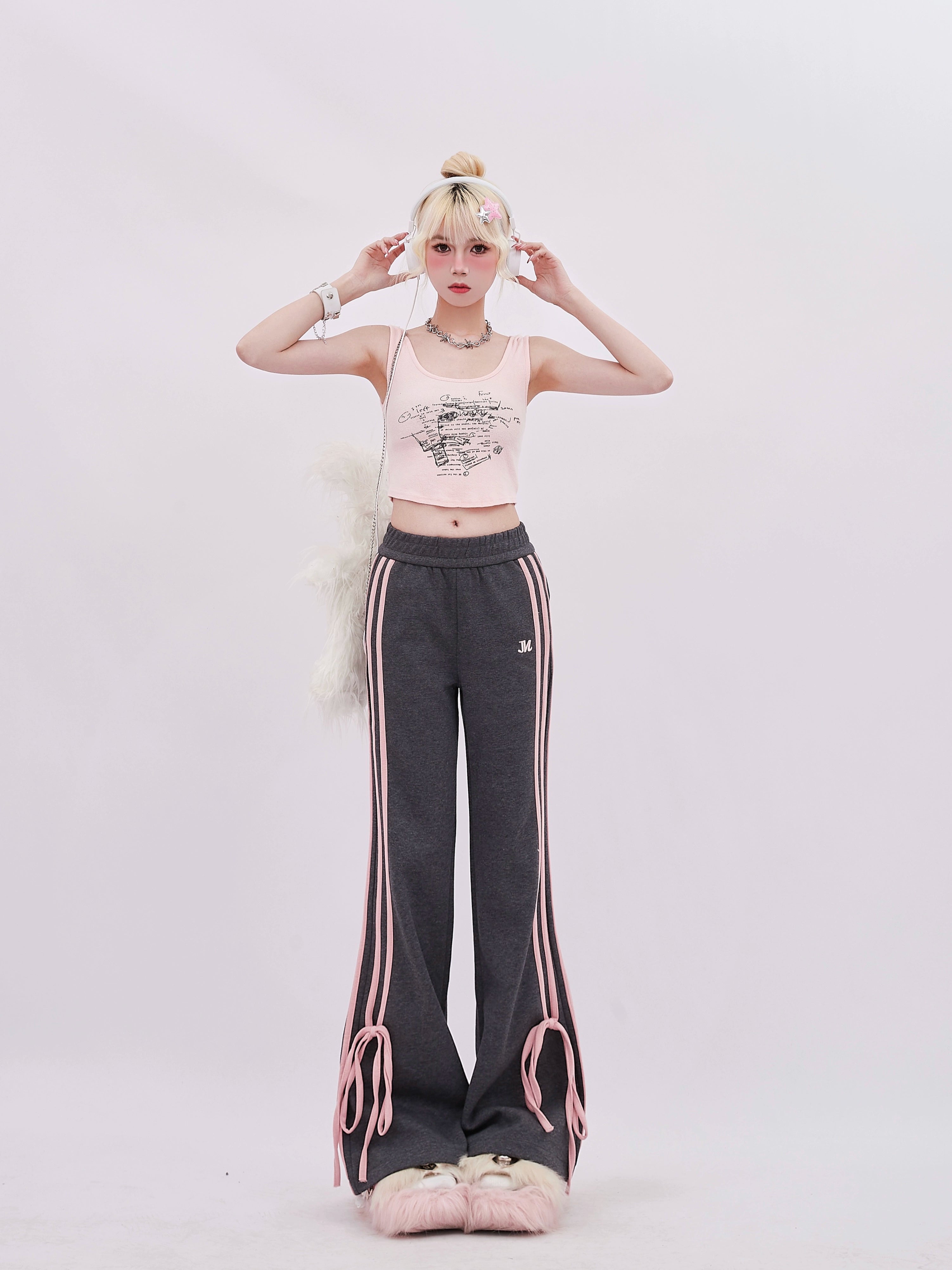 Gray Track Pants with Pink Stripes and Bow Detail