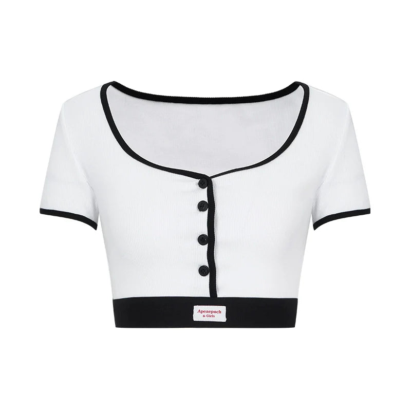 Black and White Contrast Trim Crop Top and Shorts Set