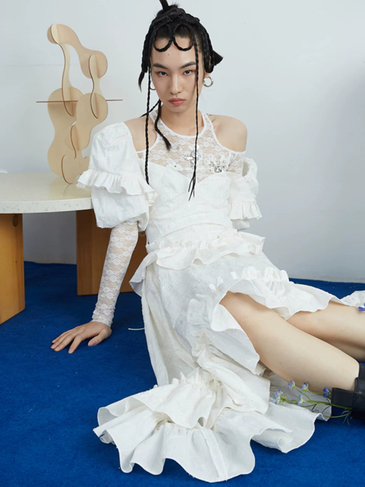 Ivory Ruffle Asymmetry Midi Dress