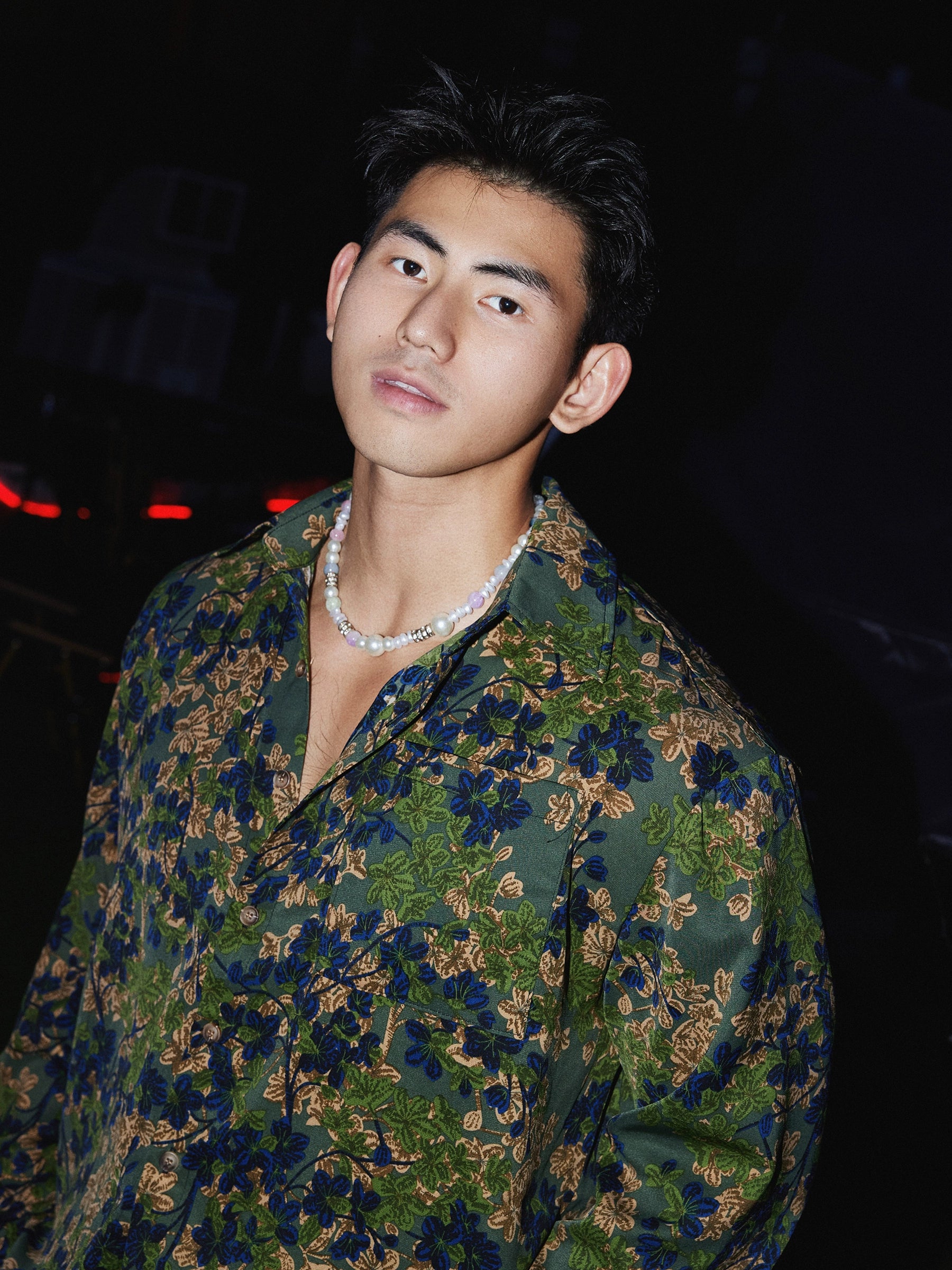 Green and Navy Floral Print Silk Shirt