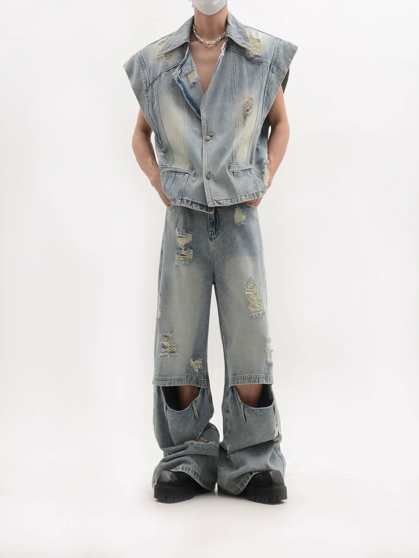 Distressed Oversized Shoulder Denim Vest