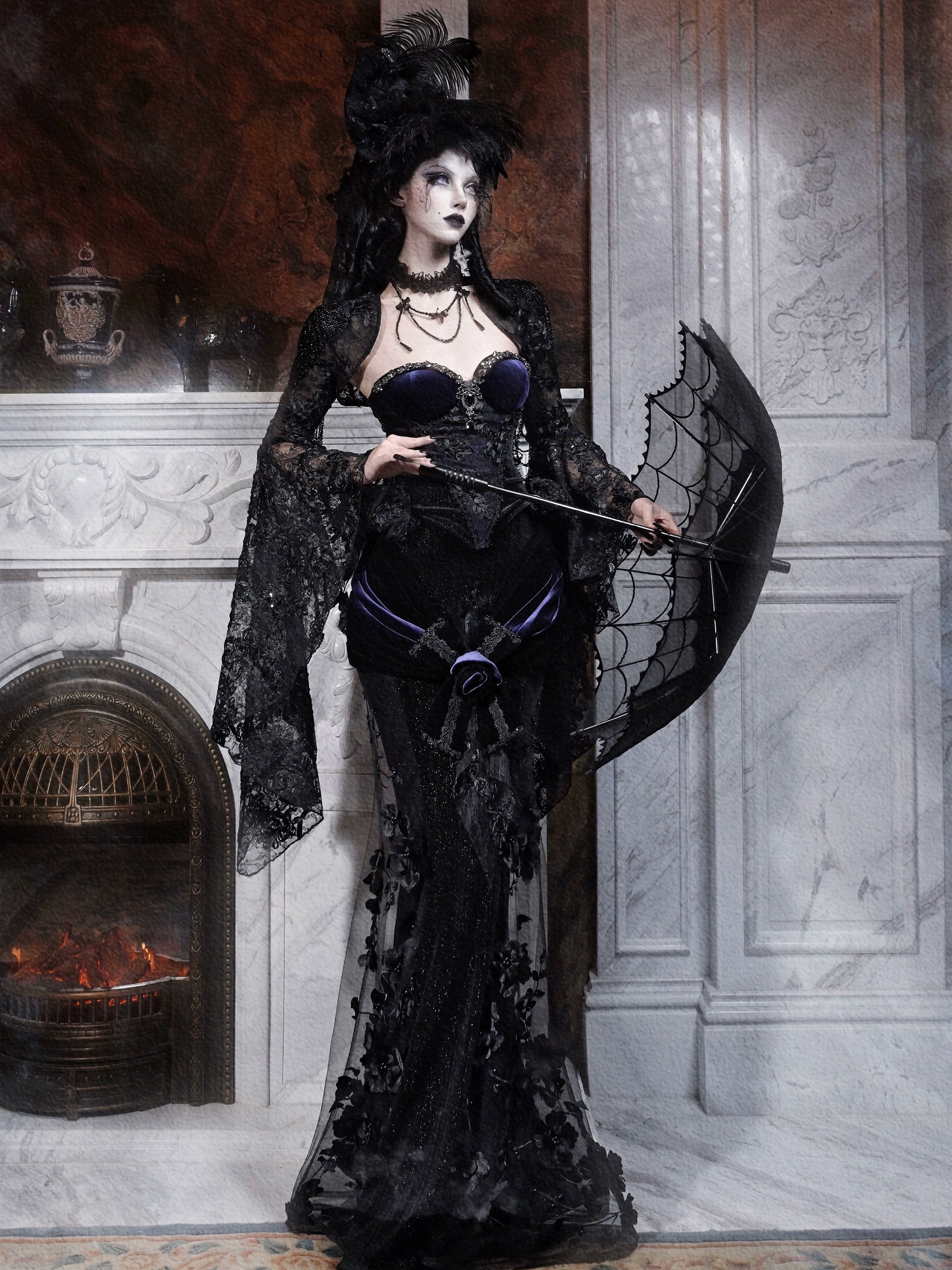 Gothic Midnight Blue Corset with Dramatic Ruffled Hip Details