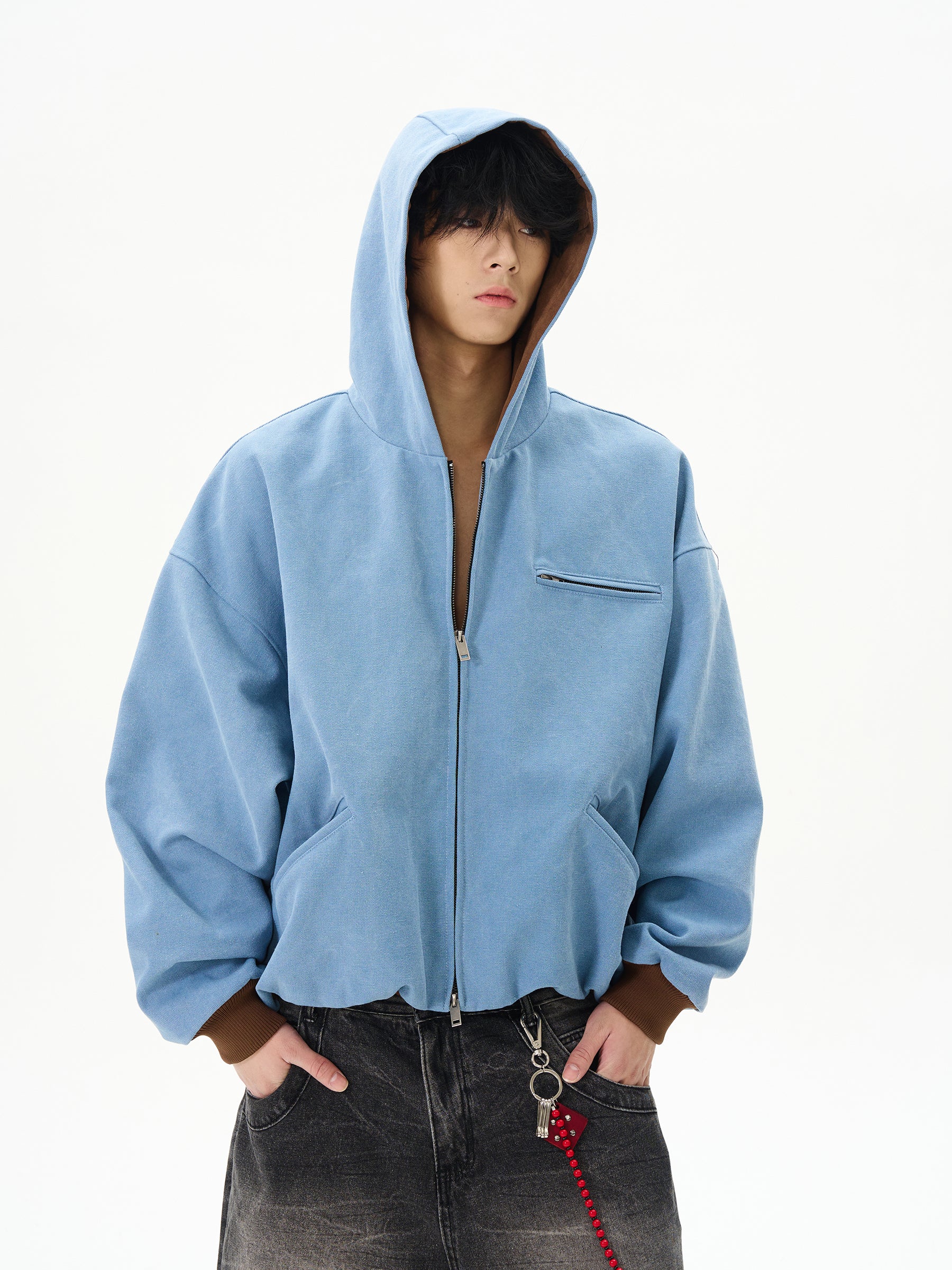 Blue Fleece Hooded Bomber Jacket
