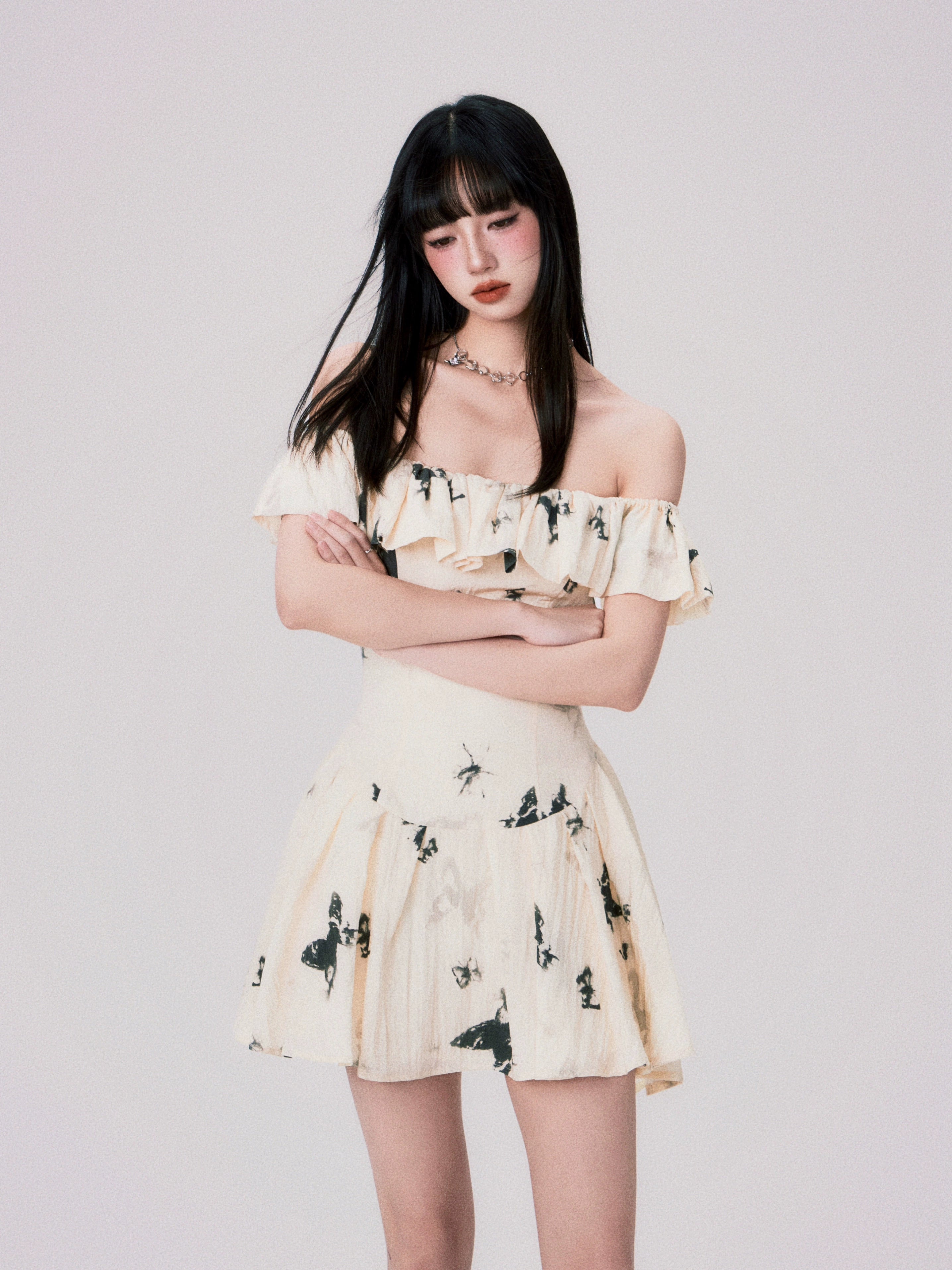 French Ink Butterfly Print Off-Shoulder Dress - chiclara