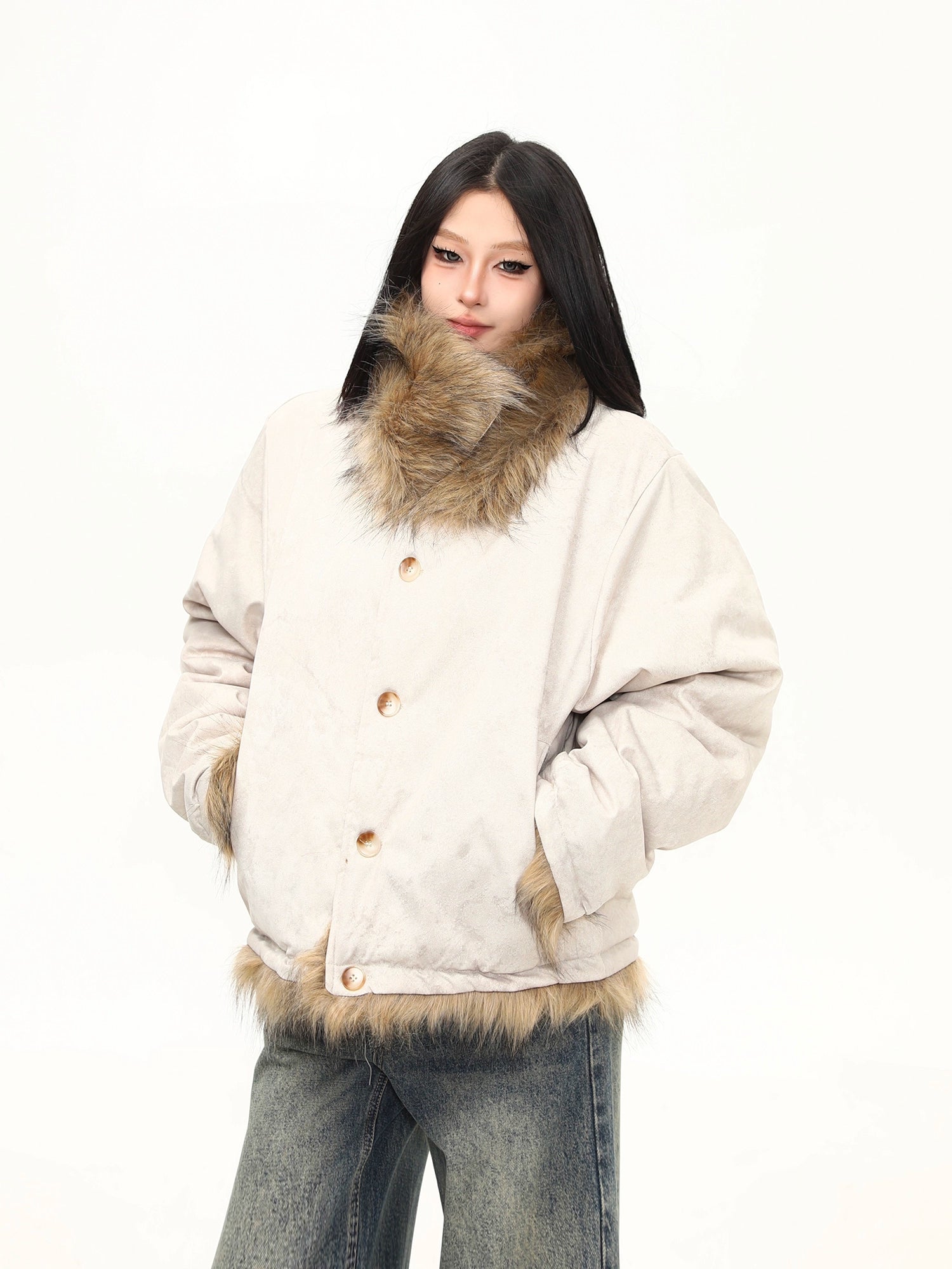 Oat Frost Faux Fur Trim Jacket