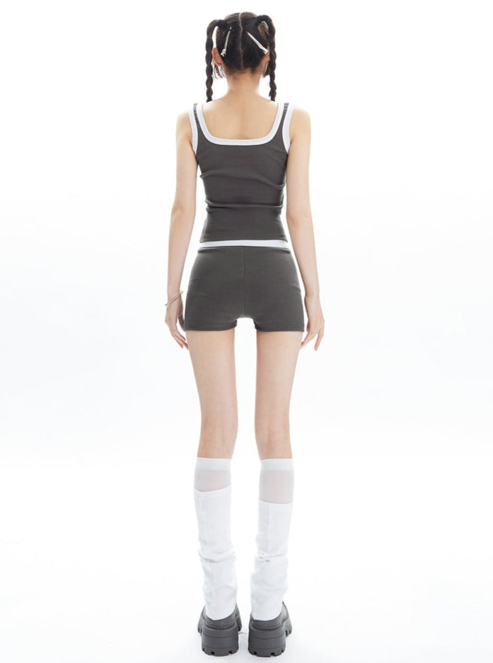 Black and White Contrast Trim Crop Top and Shorts Set